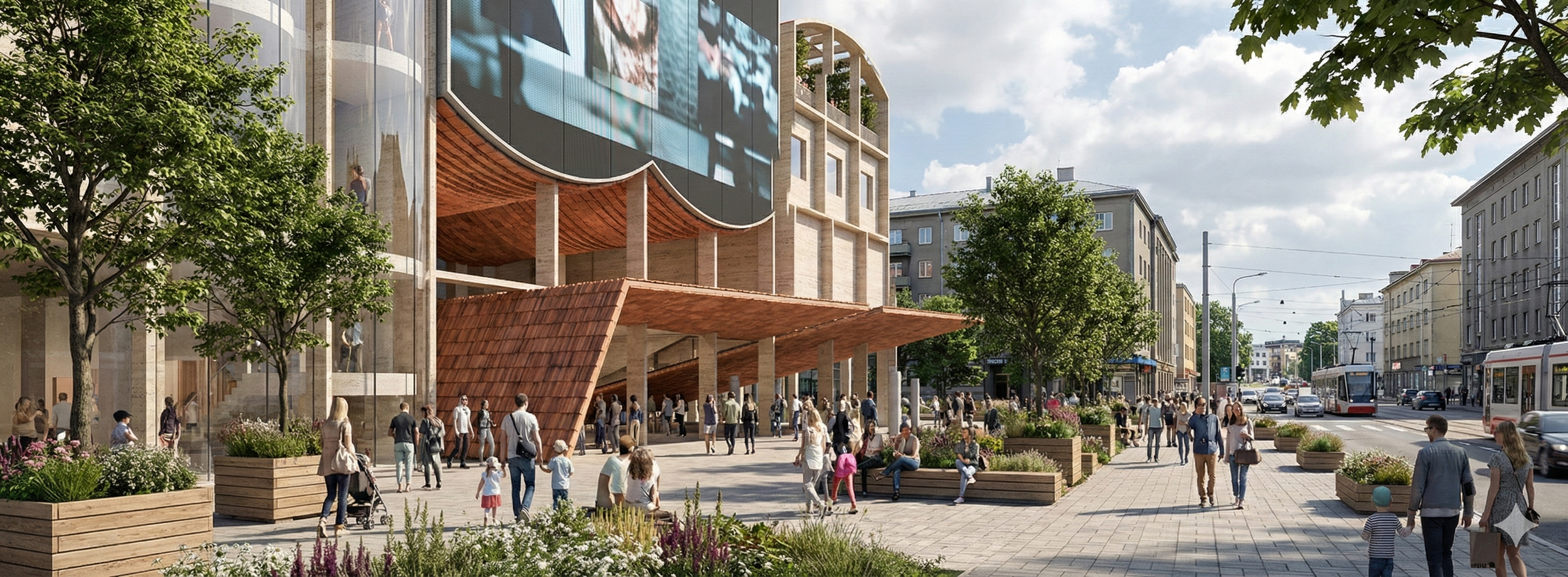 A vibrant city street with a modern building featuring large glass windows and curved architectural elements. Pedestrians walk along the sidewalk, some sitting on benches and others with children. There are trees and flower planters lining the street