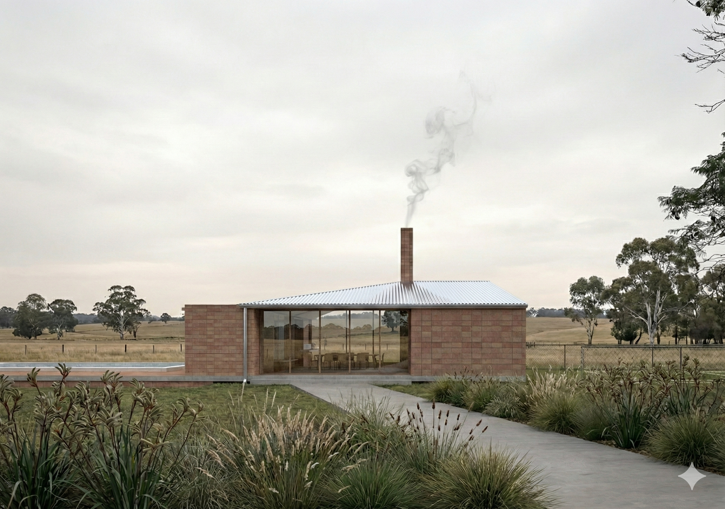 A modern brick house with a metal roof and large glass windows, situated in a rural area with open fields and scattered trees, with a chimney emitting smoke.