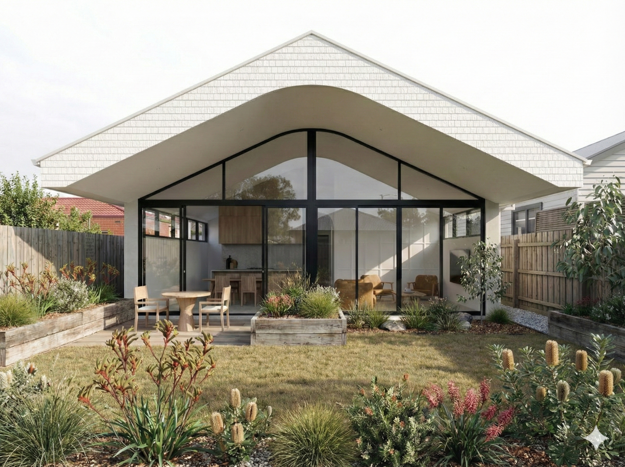 Coburg house- a gentle curve in the ceiling along with highlight windows is introduced to make the roof float and the living space feel open and breezy. 