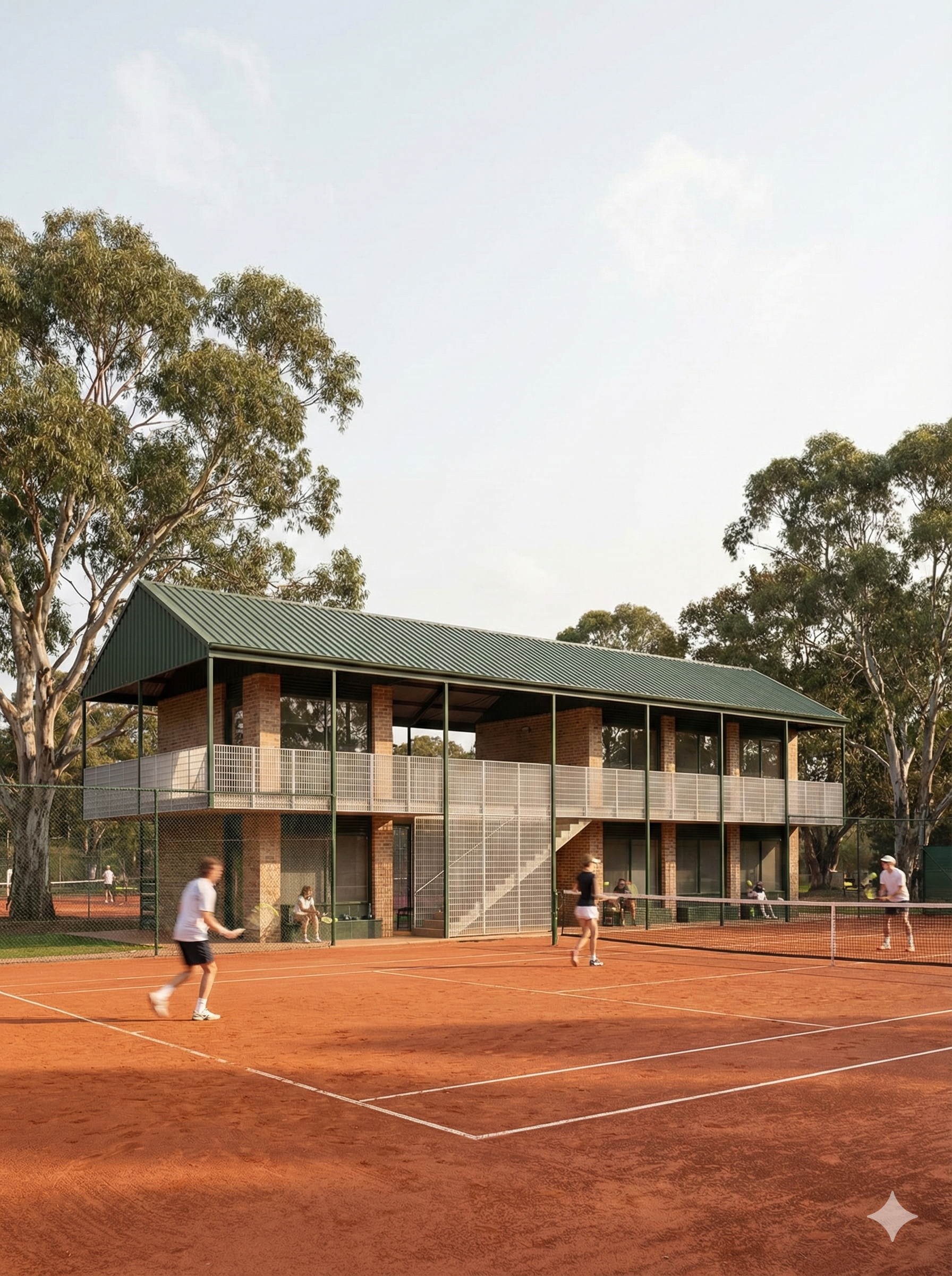 People playing tennis on a clay court in front of a two-story clubhouse with a green metal roof, surrounded by tall trees.