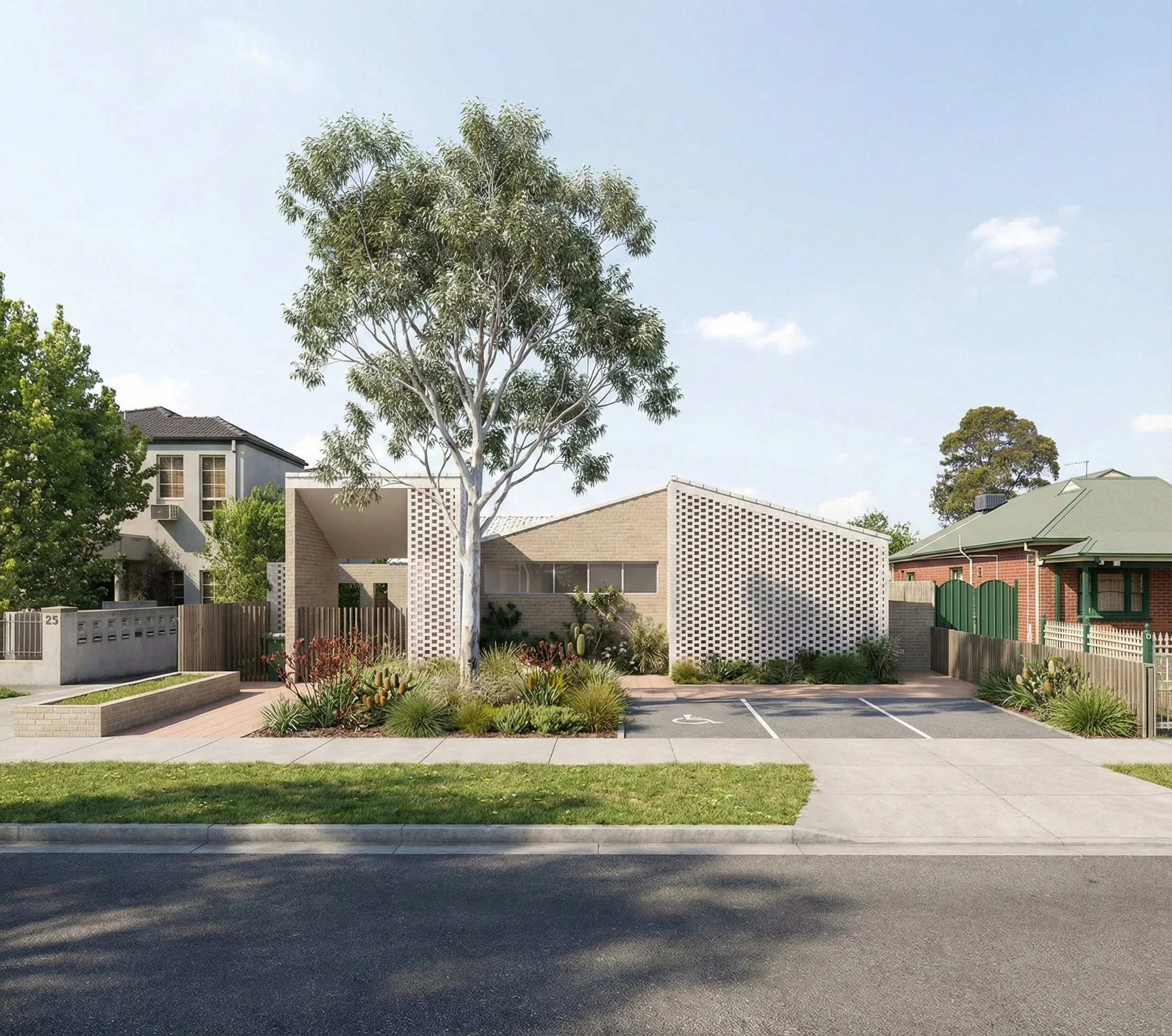 Exterior street view of a modern light-brick residence featuring a patterned breeze-block facade, native front landscaping with a prominent gum tree, and designated accessible parking bays in the driveway.