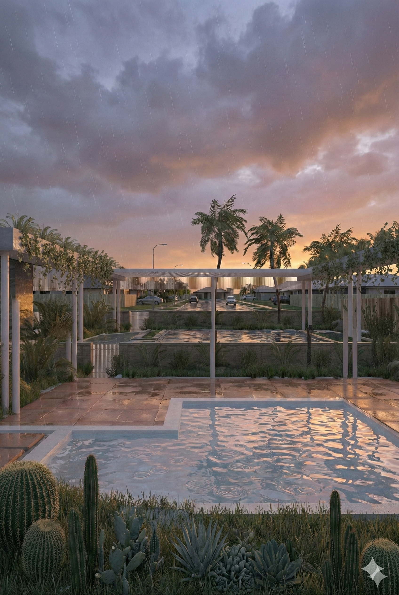 A backyard scene at sunset with a small pool, desert plants, and tall palm trees, under a cloudy sky with light rain streaks.
