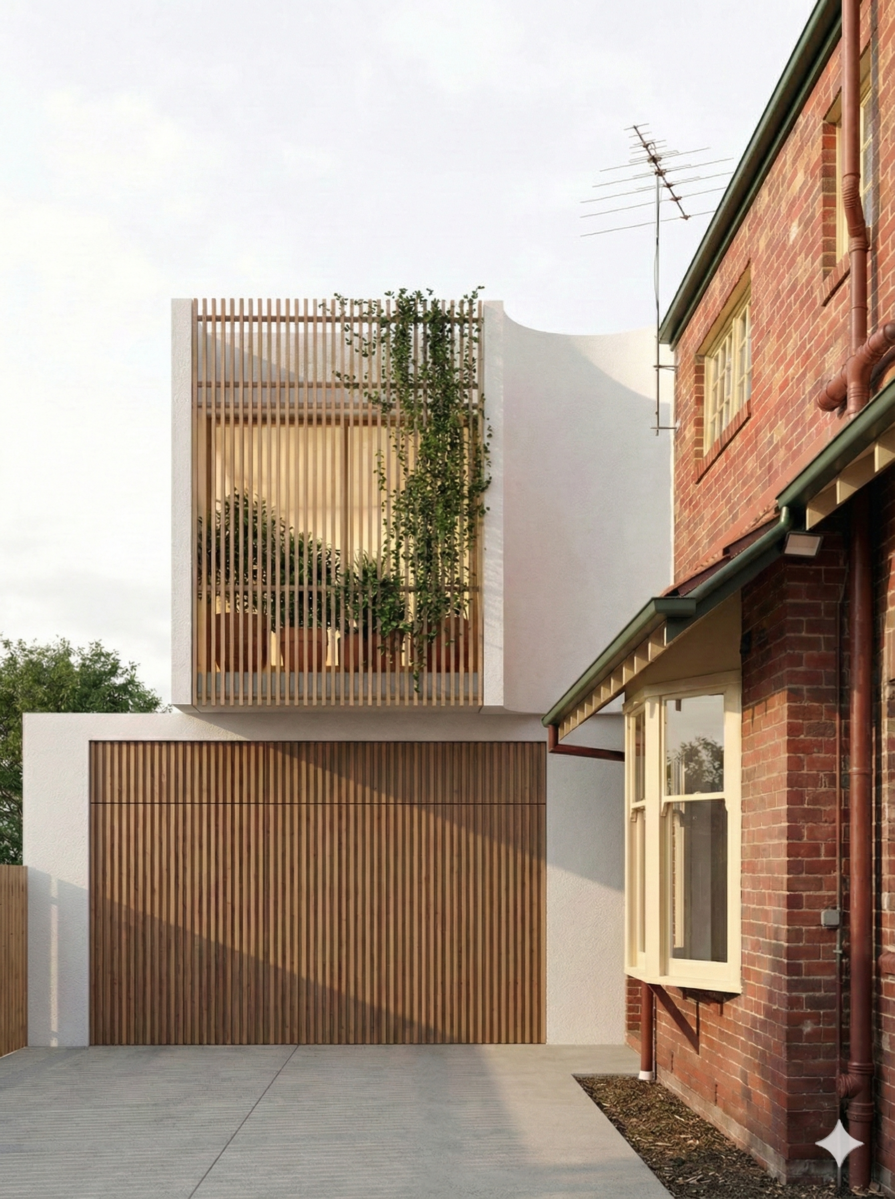 Brighton House master ensuite featuring a secluded garden that brings in soft, dappled light. Timber batten screens and lush pot-plant greenery create a layered, tranquil atmosphere.