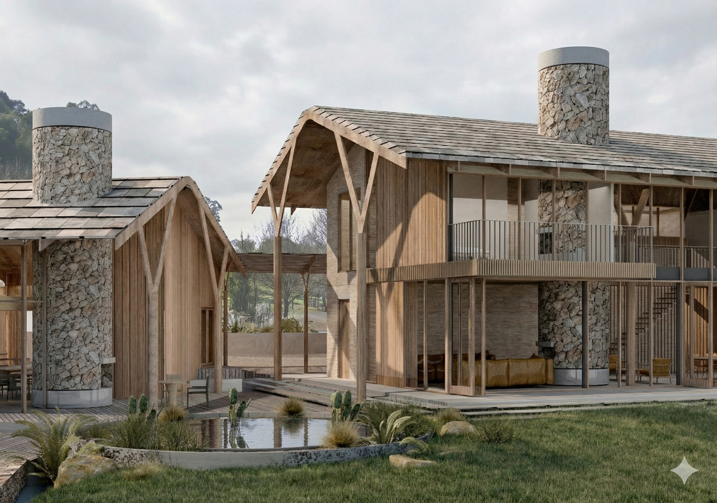 A modern rustic house with stone chimneys, wooden walls, and a wrap-around balcony, set in a landscaped yard with a small pond and greenery.