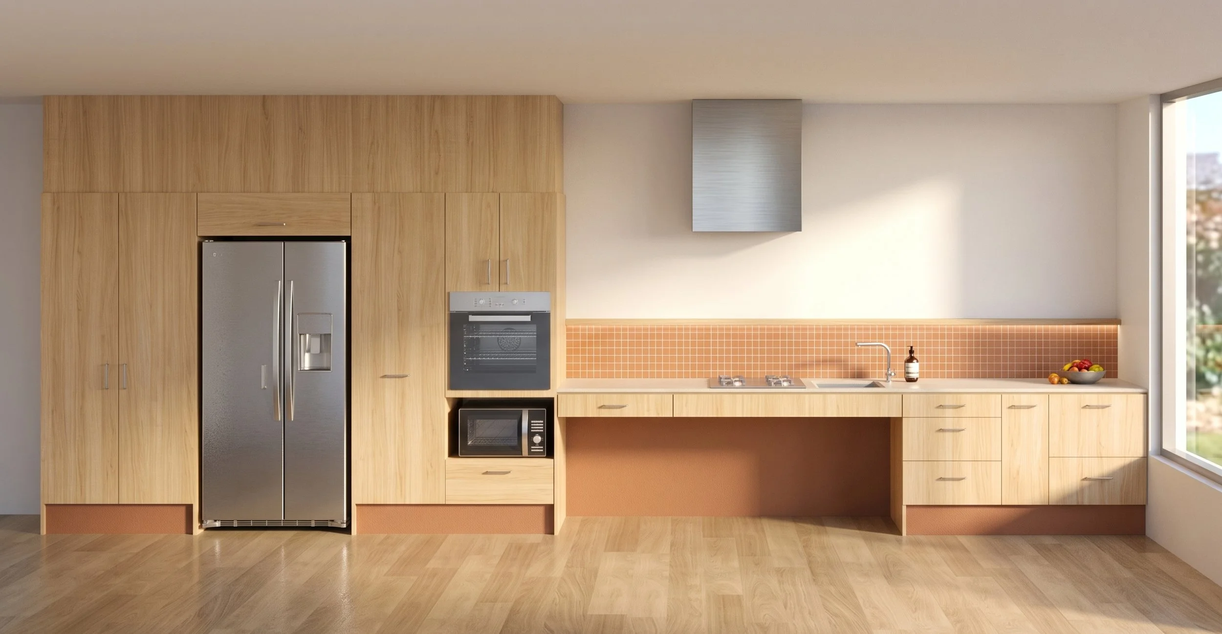 A modern, accessible indoor kitchen featuring light wood cabinetry, stainless steel appliances, an orange tile backsplash, and a lowered benchtop section with open space beneath the sink and cooktop for wheelchair access.