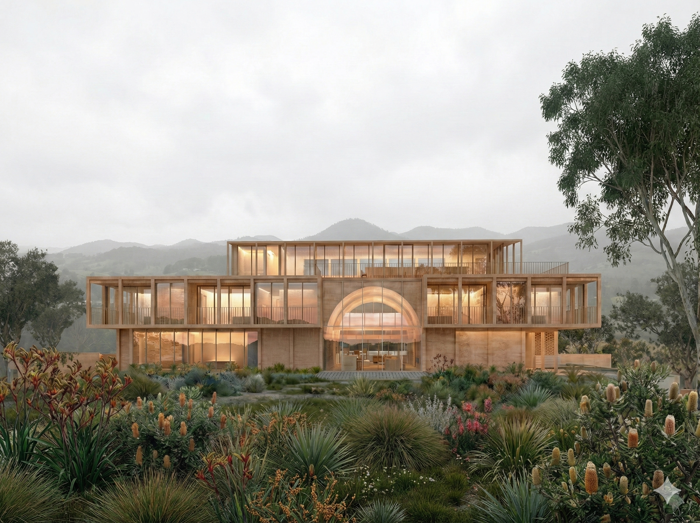 Located in Gilston, 'Capstone' is defined by a monumental arched ceiling that strikes a line through the open-plan living space. This dramatic architectural form acts as a viewing aperture, framing dual vistas: the lush greenery of the immediate Gold