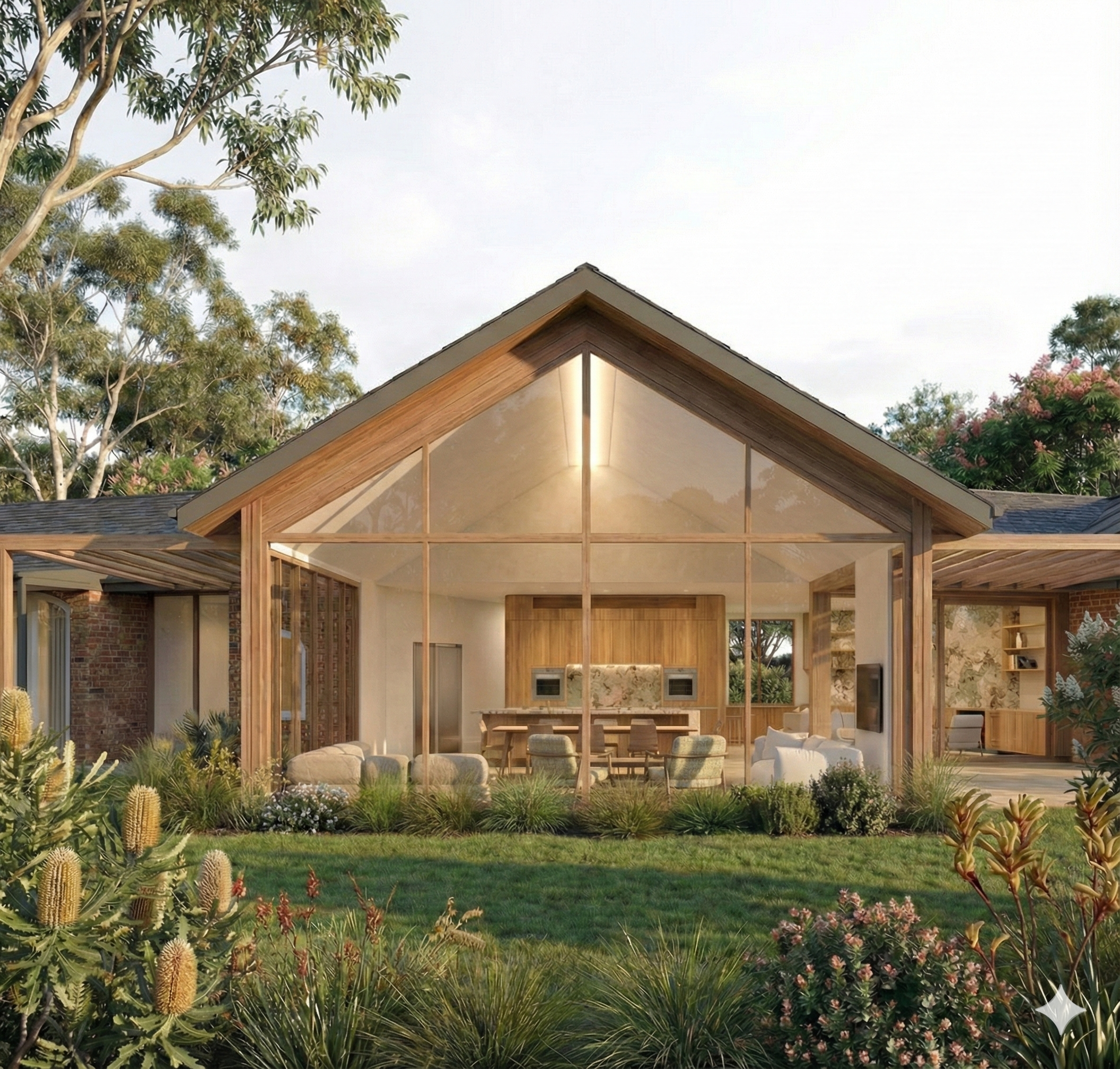 Modern house with large glass windows and a wooden interior, surrounded by plants and trees, with a green lawn in the foreground.