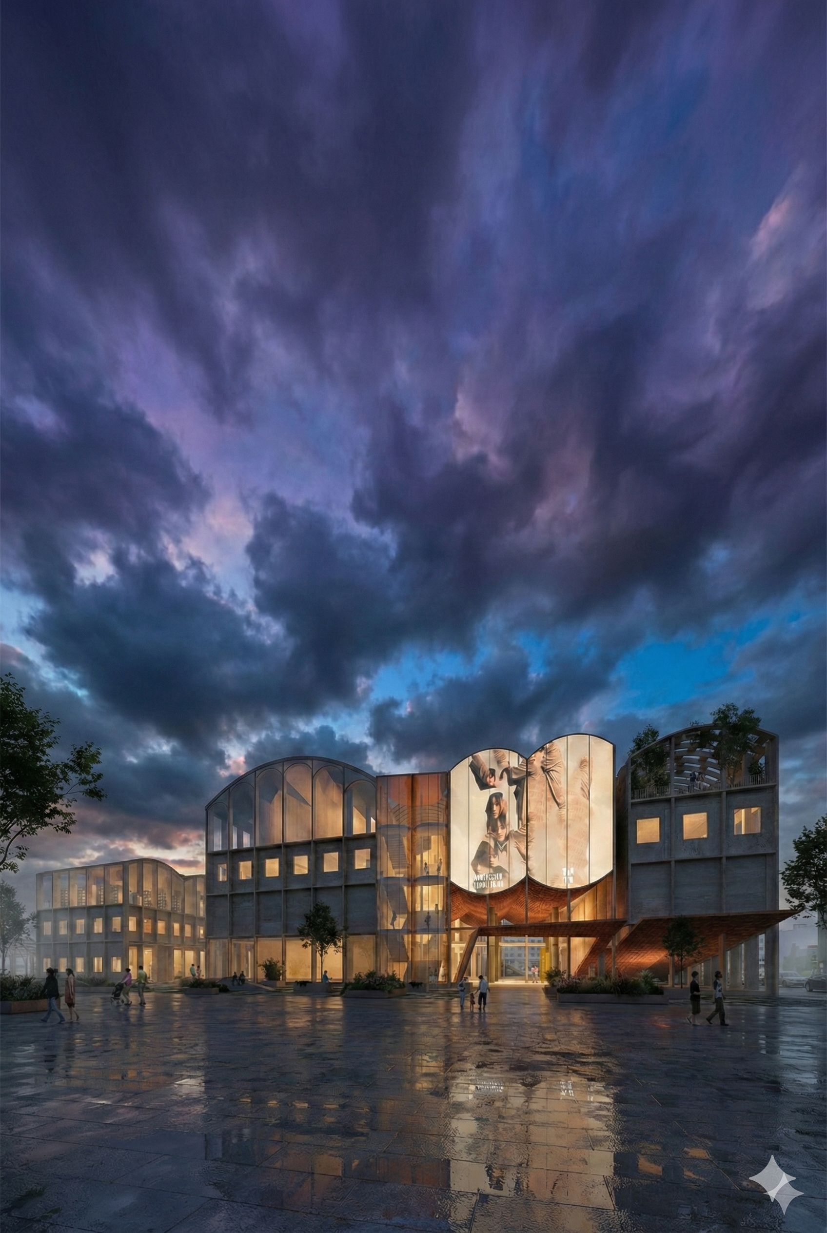 Modern architectural building with curved glass and concrete structures, large artwork displayed on the front, under a dramatic cloudy sky at dusk, with people walking in the wet plaza.
