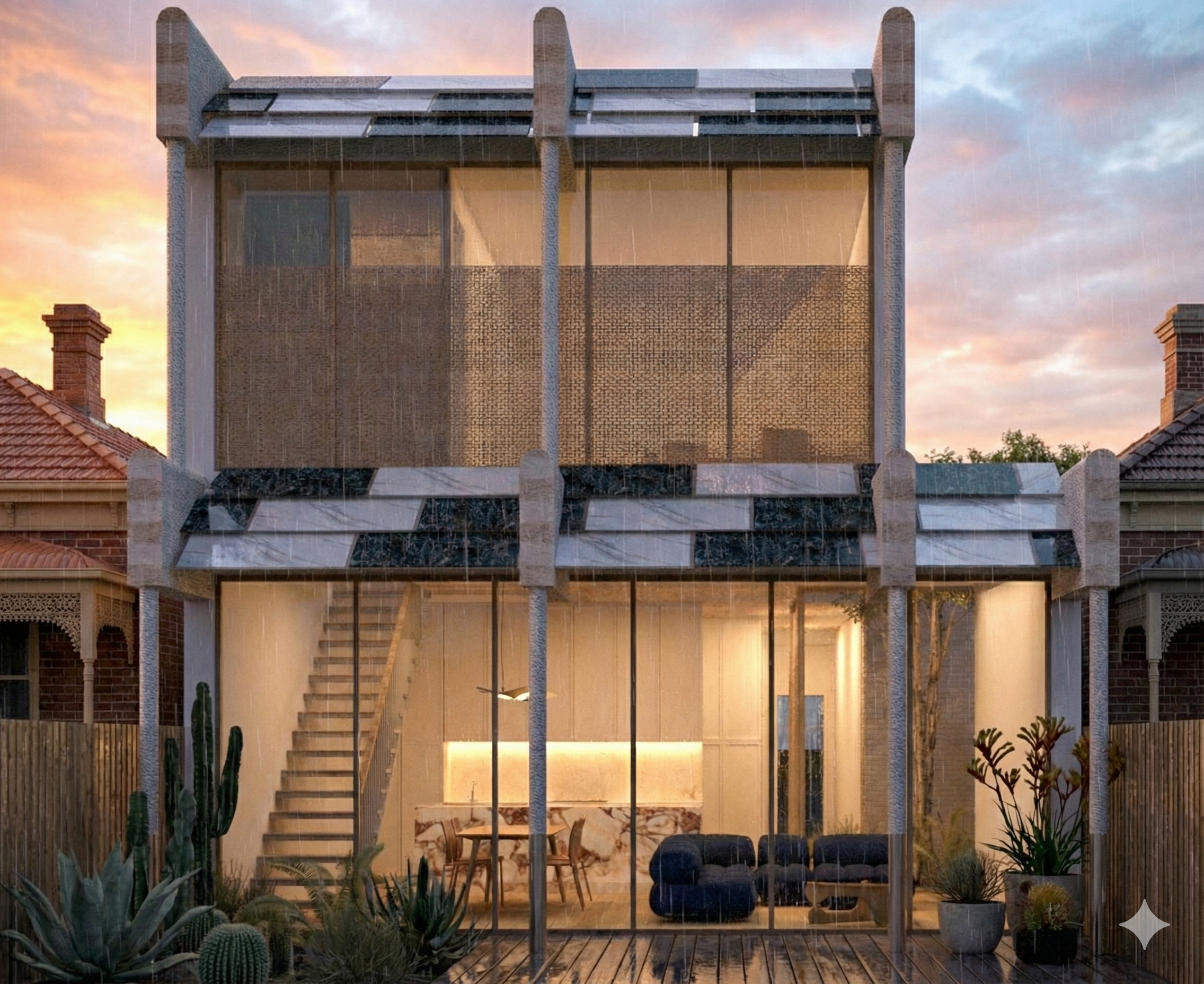 Modern multi-story house with glass walls and outdoor seating area, rain falling during sunset.