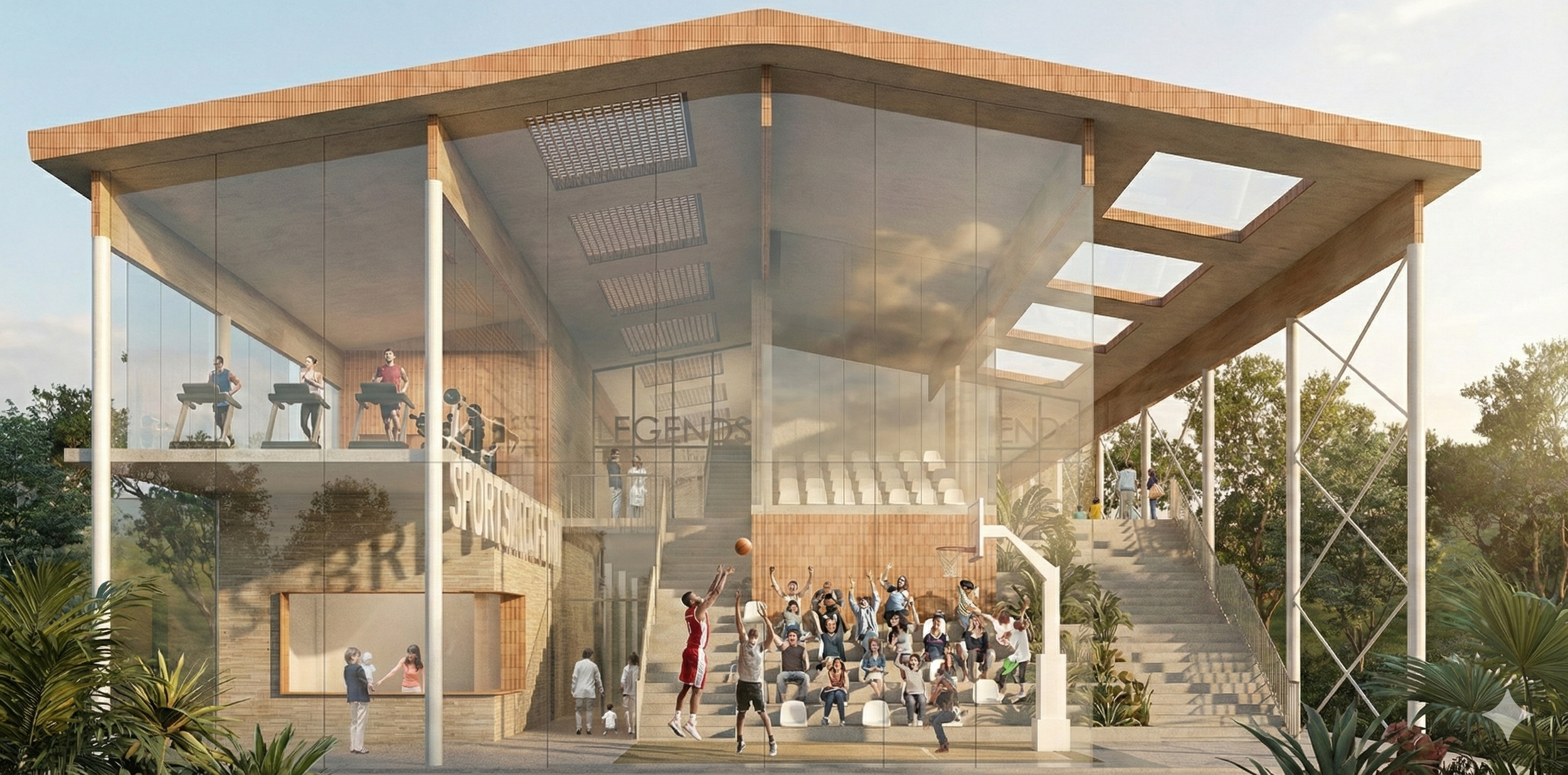 A modern sports complex with glass walls, outdoor seats, and an indoor gym area where people are exercising on treadmills and playing basketball.