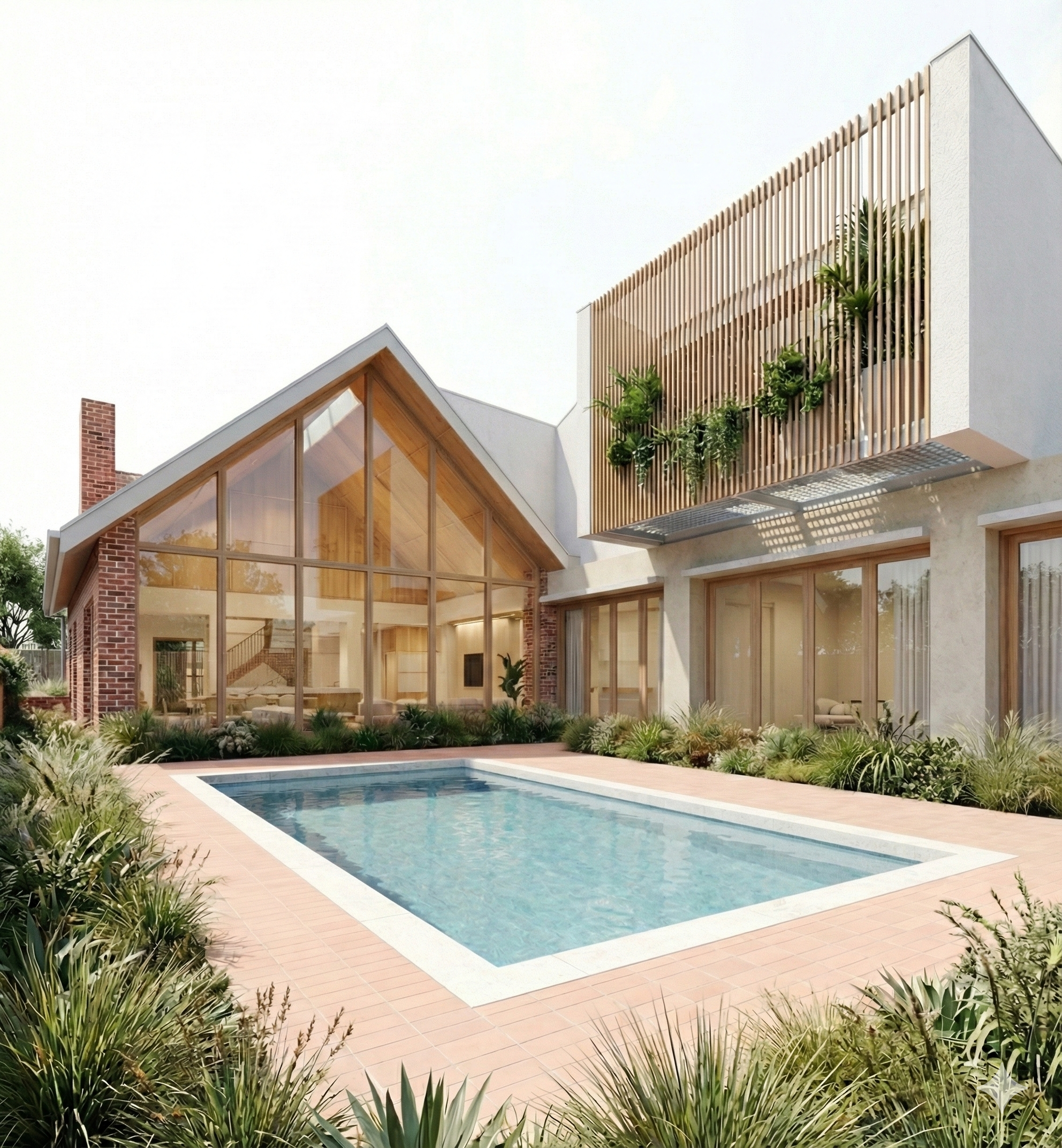 Brighton House — the master suite features a secluded garden that filters soft, dappled light through timber batten screens and lush pot-plant greenery, creating a layered and tranquil atmosphere. The south-facing living room opens directly onto the 