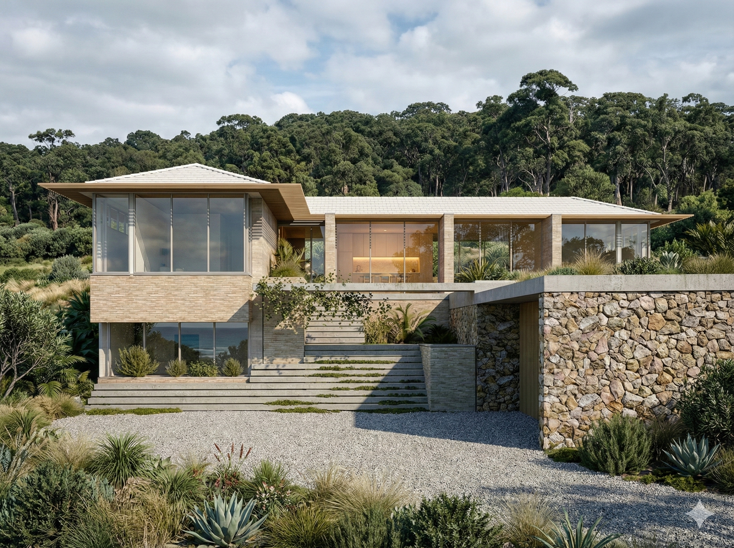 Modern house on a hill with large windows, stone and wood exterior, surrounded by desert plants and trees, with a gravel driveway in front.
