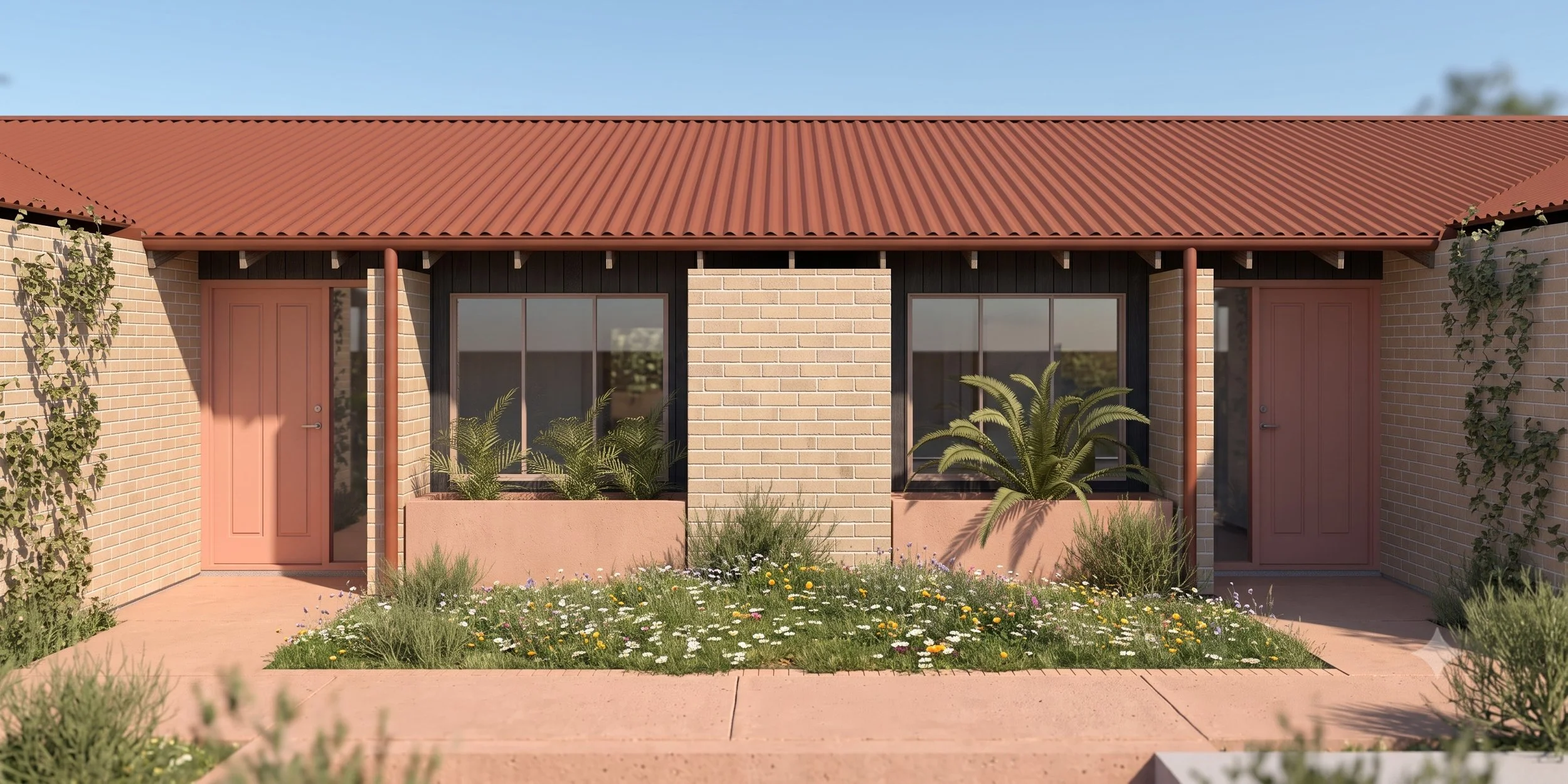 Exterior view of a single-story home featuring two adjacent pink entry doors, light brick walls, a red corrugated roof, and built-in pink concrete planter boxes with greenery separating the entryways.