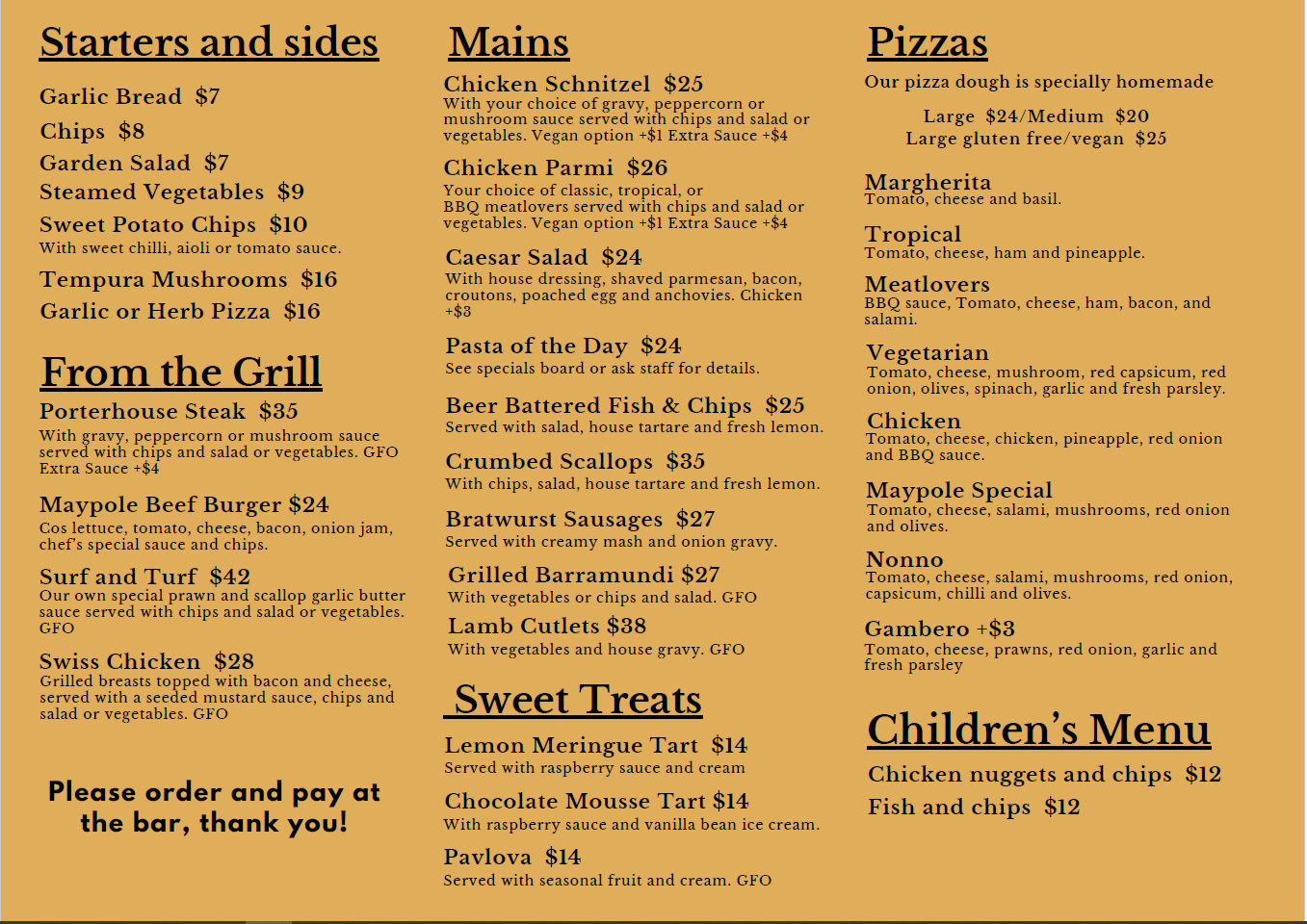 Menu — Maypole Hotel