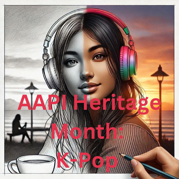 Half black-and-white, half colored drawing of a woman with headphones, blending artistic and digital styles. Text reads 'AAPI Heritage Month: K-Pop.'