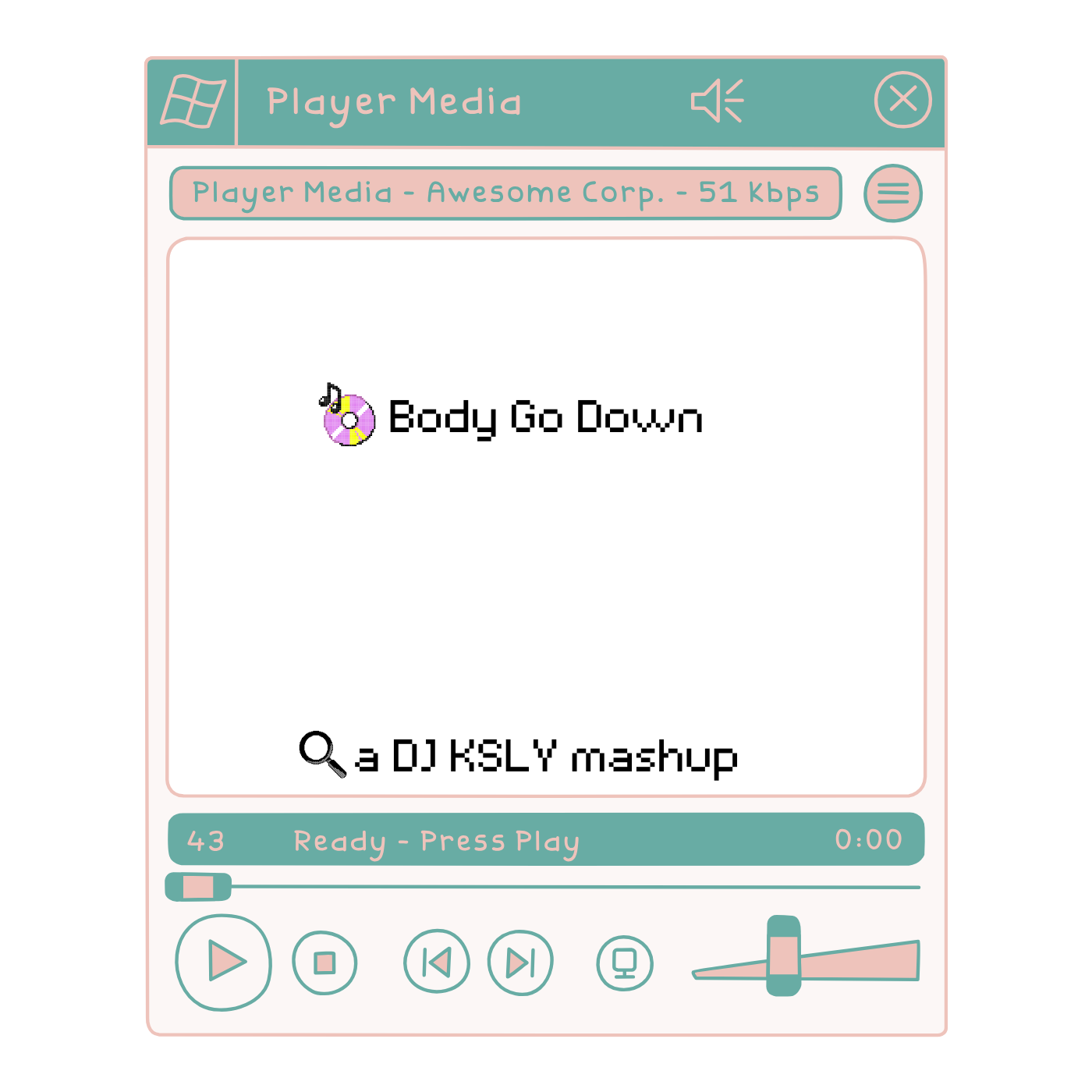 Digital music player interface with pastel pink and teal colors, displaying song titled 'Body Go Down' and subtitle 'a DJ KSLY mashup'. The interface includes playback controls, a progress bar, volume slider, and a waveform visualizer.