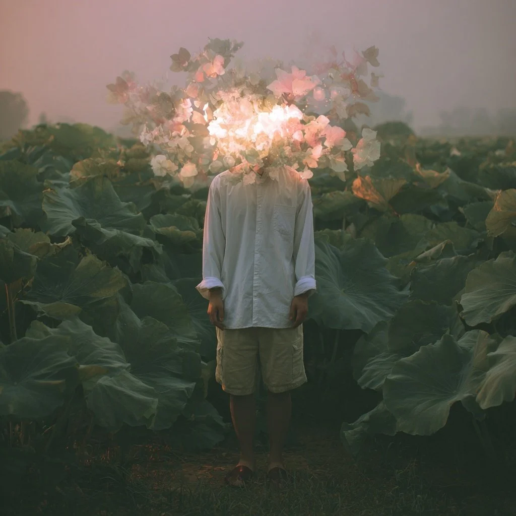 Eine Person steht in einem Feld mit großen grünen Blättern, deren Kopf von einer Blütenexplosion aus rosa und weißen Blumen ersetzt ist, umgeben von Dämmerungslicht.