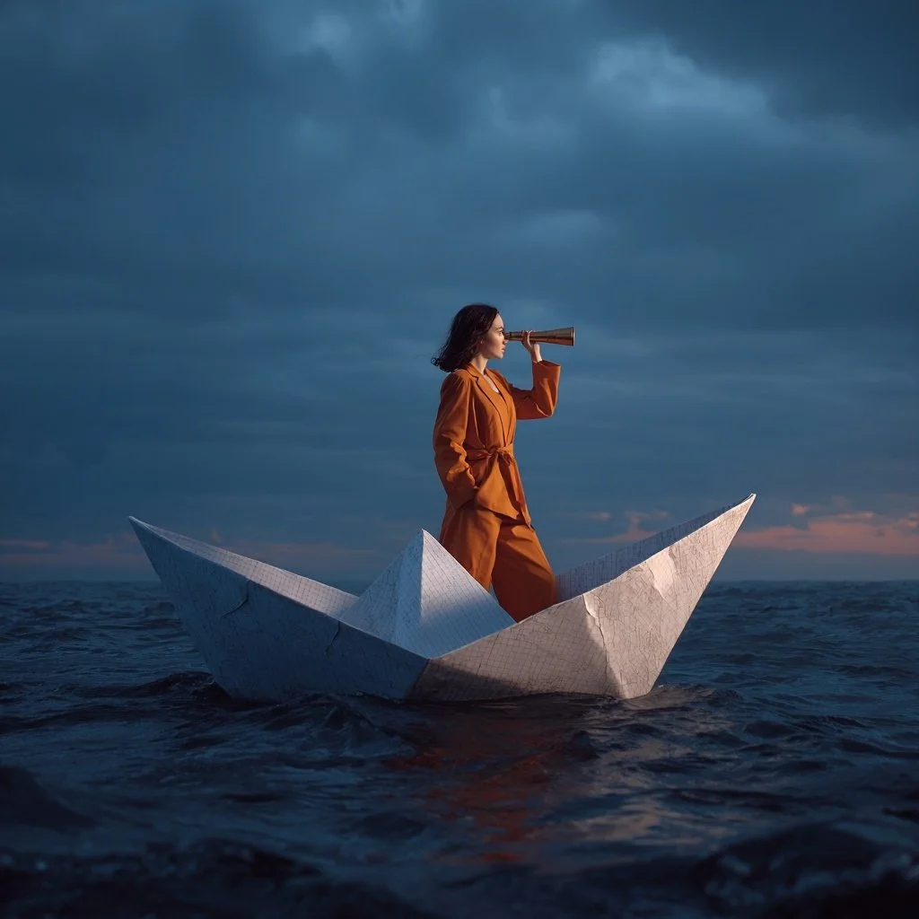 Frau in orange Kleidung blickt mit Teleskop auf das Meer, während sie auf einem Origami-Schiff aus Papier steht, bei dunklem Himmel in der Dämmerung.