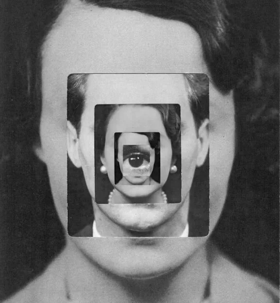 Schwarz-Weiß-Fotografie eines Gesichts mit mehreren sich wiederholenden Rahmen, die eine Linse und eine Person innerhalb zeigen.