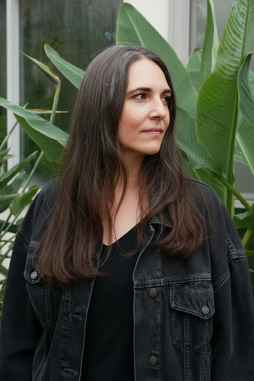 Eine junge Frau mit langen braunen Haaren trägt eine schwarze Jacke und steht vor großen grünen Pflanzen in einem Gewächshaus oder einer Pflanzenhalle.