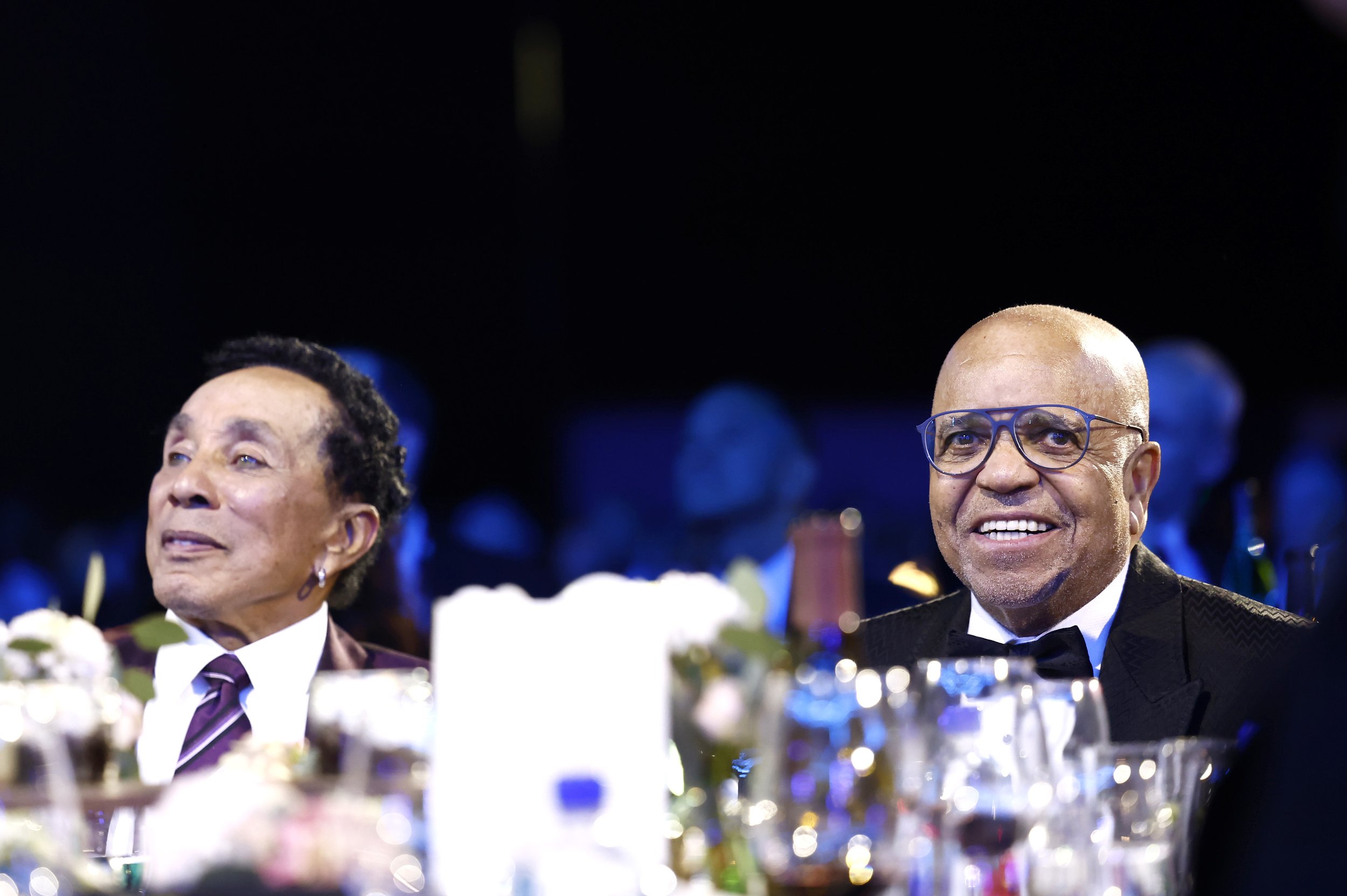  LOS ANGELES, CALIFORNIA - FEBRUARY 03: (L-R) Smokey Robinson and Berry Gordy attend MusiCares Persons of the Year Honoring Berry Gordy and Smokey Robinson at Los Angeles Convention Center on February 03, 2023 in Los Angeles, California. (Photo by Em