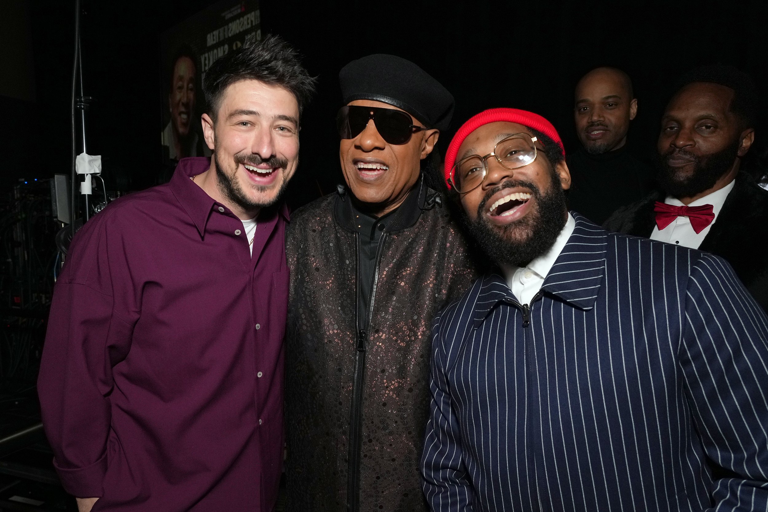  LOS ANGELES, CALIFORNIA - FEBRUARY 03: (L-R) Marcus Mumford, Stevie Wonder and PJ Morton attend MusiCares Persons of the Year Honoring Berry Gordy and Smokey Robinson at Los Angeles Convention Center on February 03, 2023 in Los Angeles, California. 