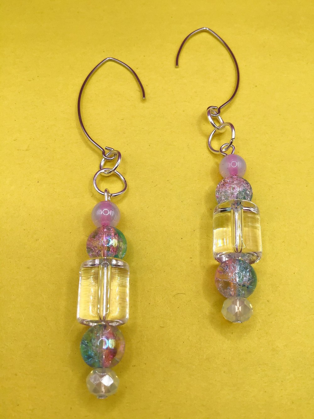 Crystal Clear glass column focal bead accented by blue & pink crackle glass  beads chandelier earrings with mini Marquise style ear wires — TRB: MUSIC  STARTS HERE