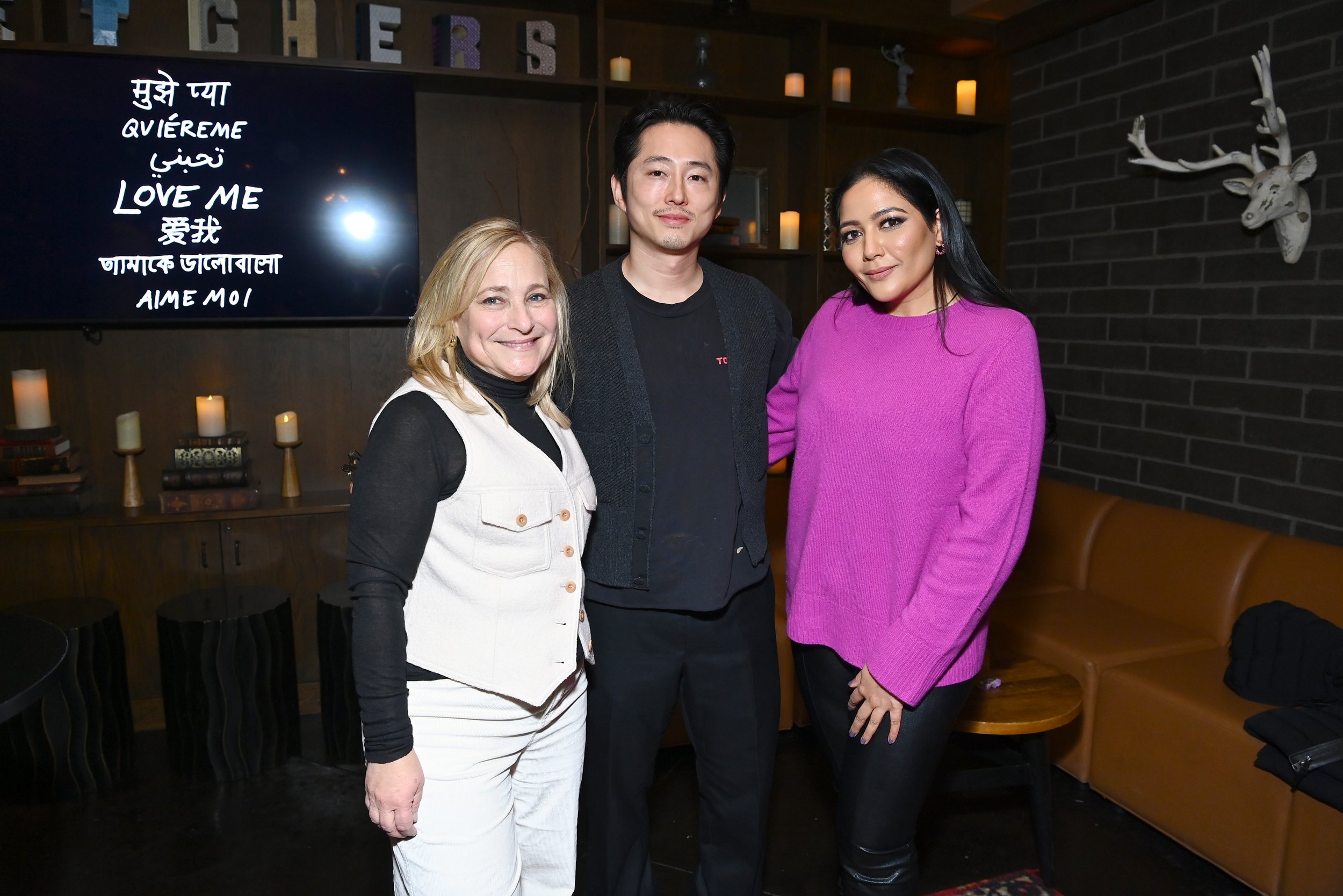 Julie Goldstein, Steven Yeun and Shivani Rawat attend the Ketel One Family Made Vodka Celebrates - Love Me Cocktail Party at Fletcher's.jpg