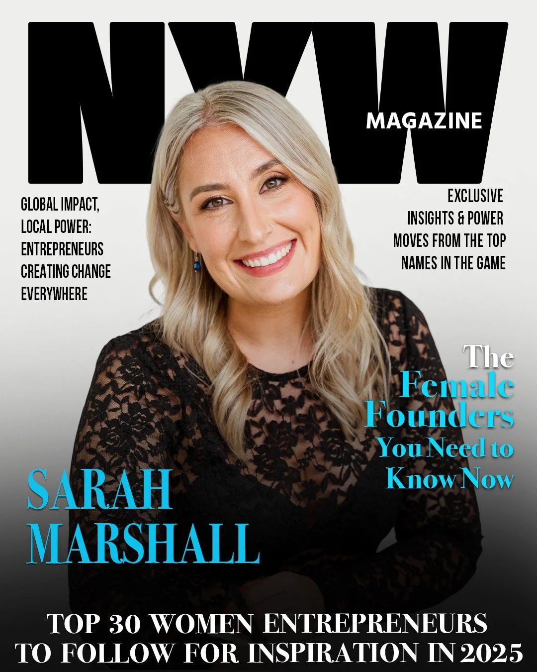 Cover of NYW Magazine featuring Sarah Marshall, smiling woman with blonde hair in a black lace top, with text about female entrepreneurs and women to follow in 2025.