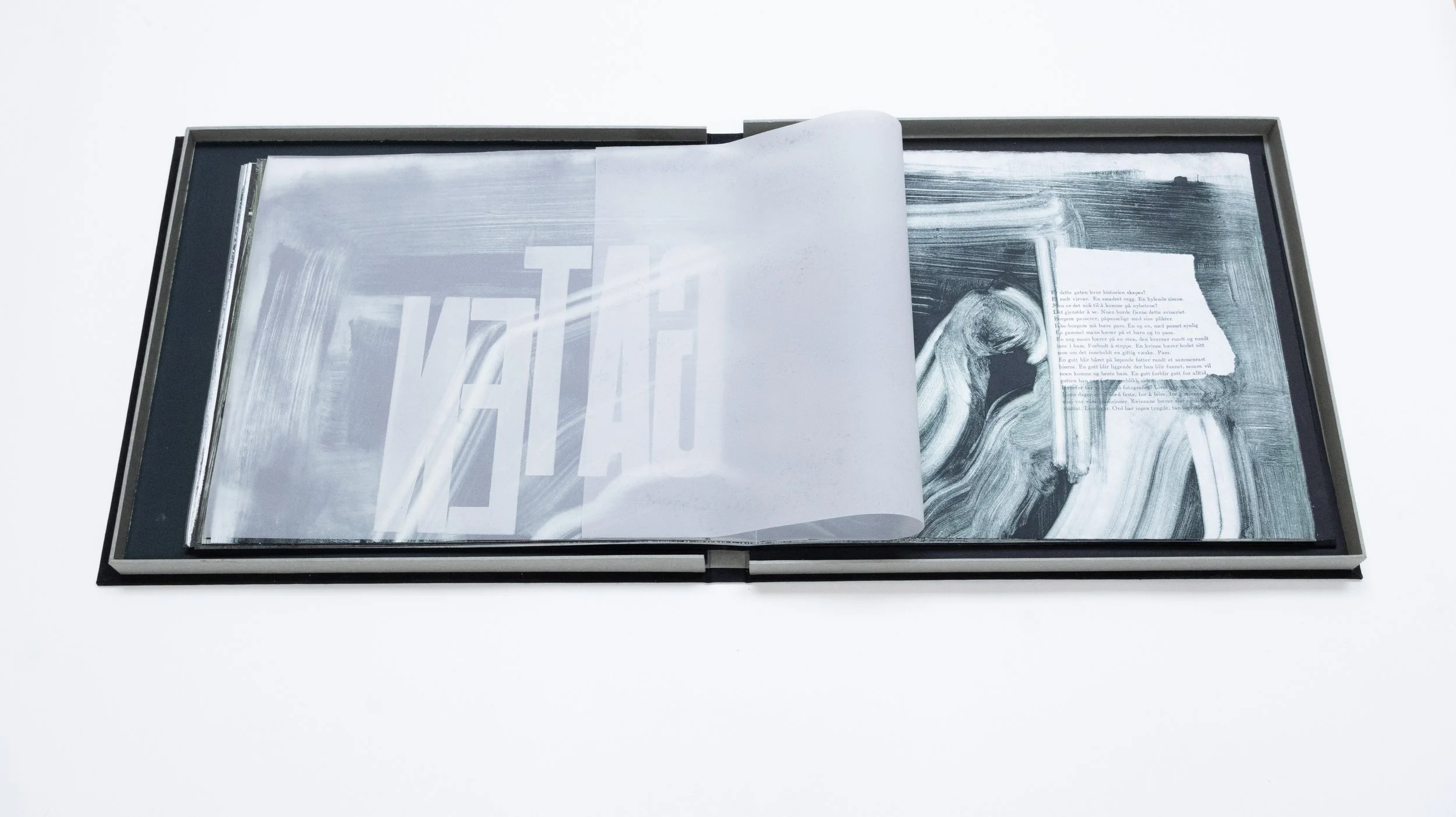 Ord har ingen tyngde /
2025 /
Vibeke Luther (kunstnerbok) 
& Ingvild Burkey (tekst) /
Trykket tresnitt, blysats, monotypi / Håndinnbundet av Crow Press
Mål: H: 35,5 cm
L: 84, 5 cm