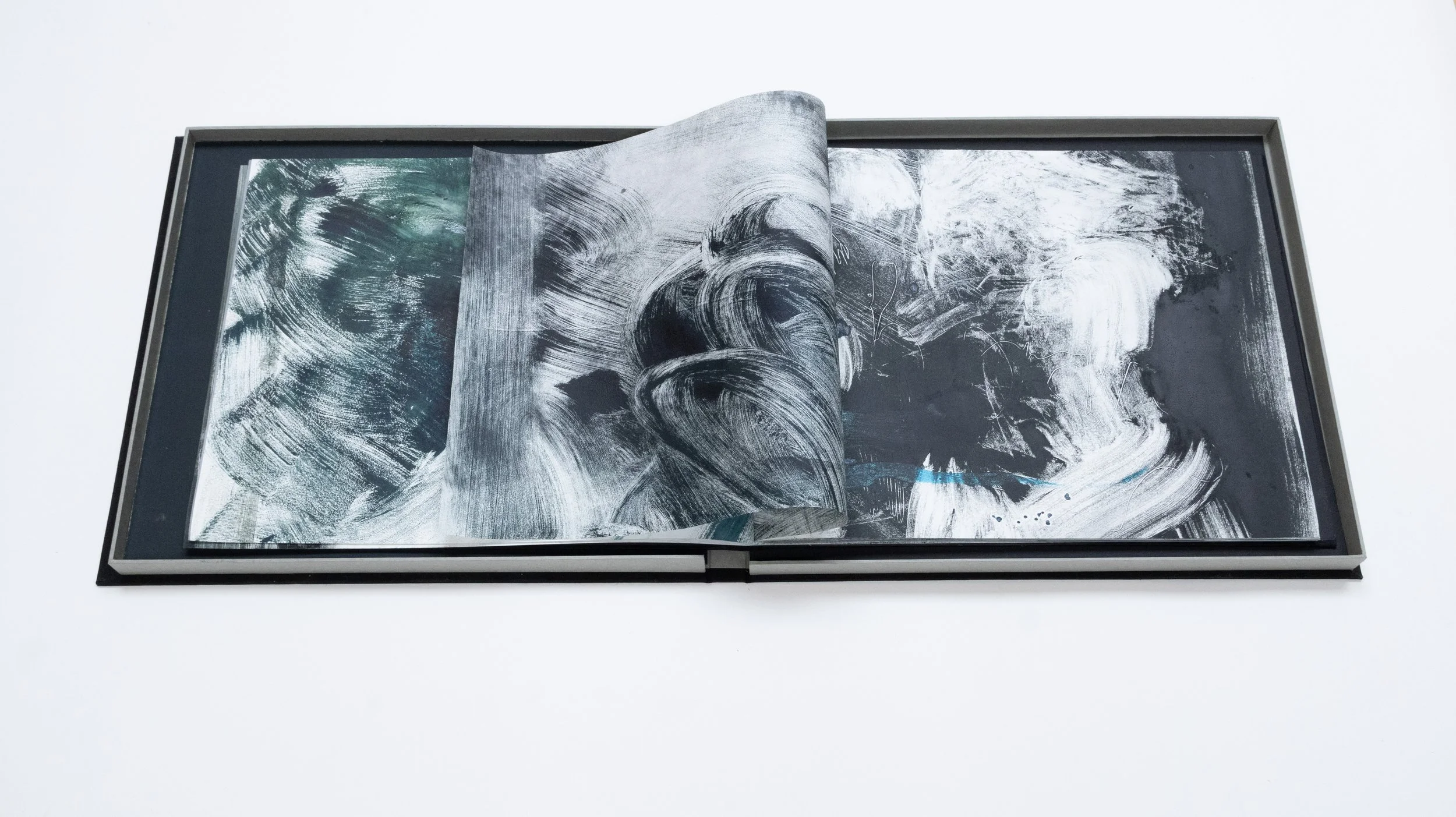 Ord har ingen tyngde /
2025 /
Vibeke Luther (kunstnerbok) 
& Ingvild Burkey (tekst) /
Trykket tresnitt, blysats, monotypi / Håndinnbundet av Crow Press
Mål: H: 35,5 cm
L: 84, 5 cm