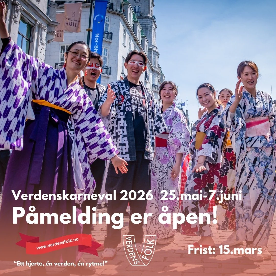 📣 𝗣𝗔̊𝗠𝗘𝗟𝗗𝗜𝗡𝗚 𝗘𝗥 𝗔̊𝗣𝗘𝗡 &ndash; 𝗡𝗔̊ 𝗞𝗔𝗡 𝗗𝗨 𝗦&Oslash;𝗞𝗘!

Verdensfolk inviterer dansegrupper, kulturut&oslash;vere og tradisjonsb&aelig;rere til Verdenskarneval 2026.

Vi &aring;pner n&aring; for p&aring;meldinger til Verdenska