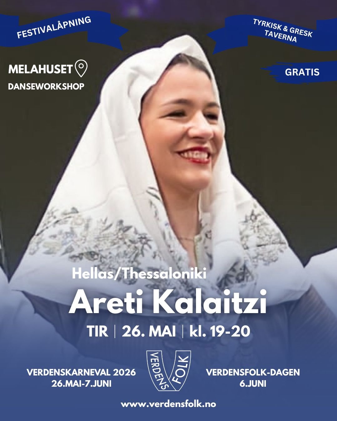 🇬🇷 M&oslash;t Areti Kalaitzi!

I morgen &aring;pner vi Verdenskarneval 2026 p&aring; Melahuset med tyrkisk og gresk taverna-stemning &mdash; og kvelden starter med danseworkshop kl. 19:00!💃🏻

Areti kommer fra Thessaloniki i Hellas og har bodd i O