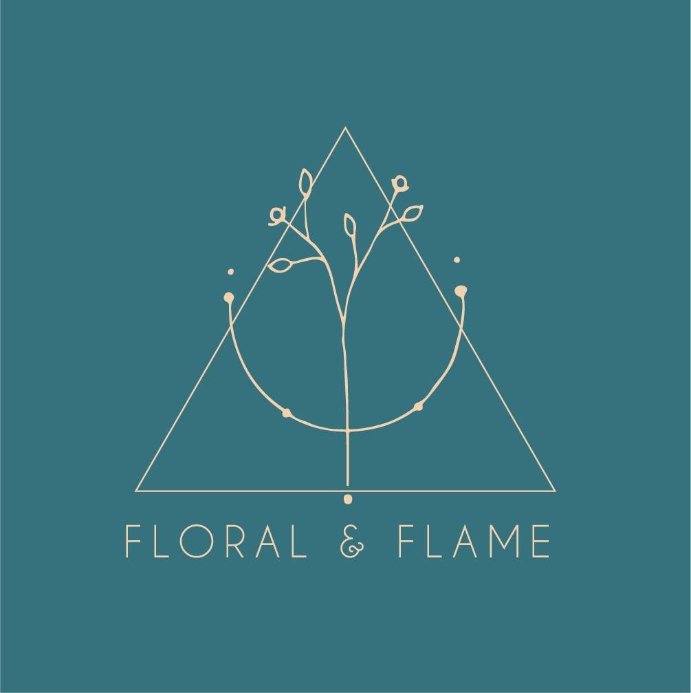 Logo of "Floral & Flame" featuring a minimalistic design of a plant with buds inside a triangle on a teal background.