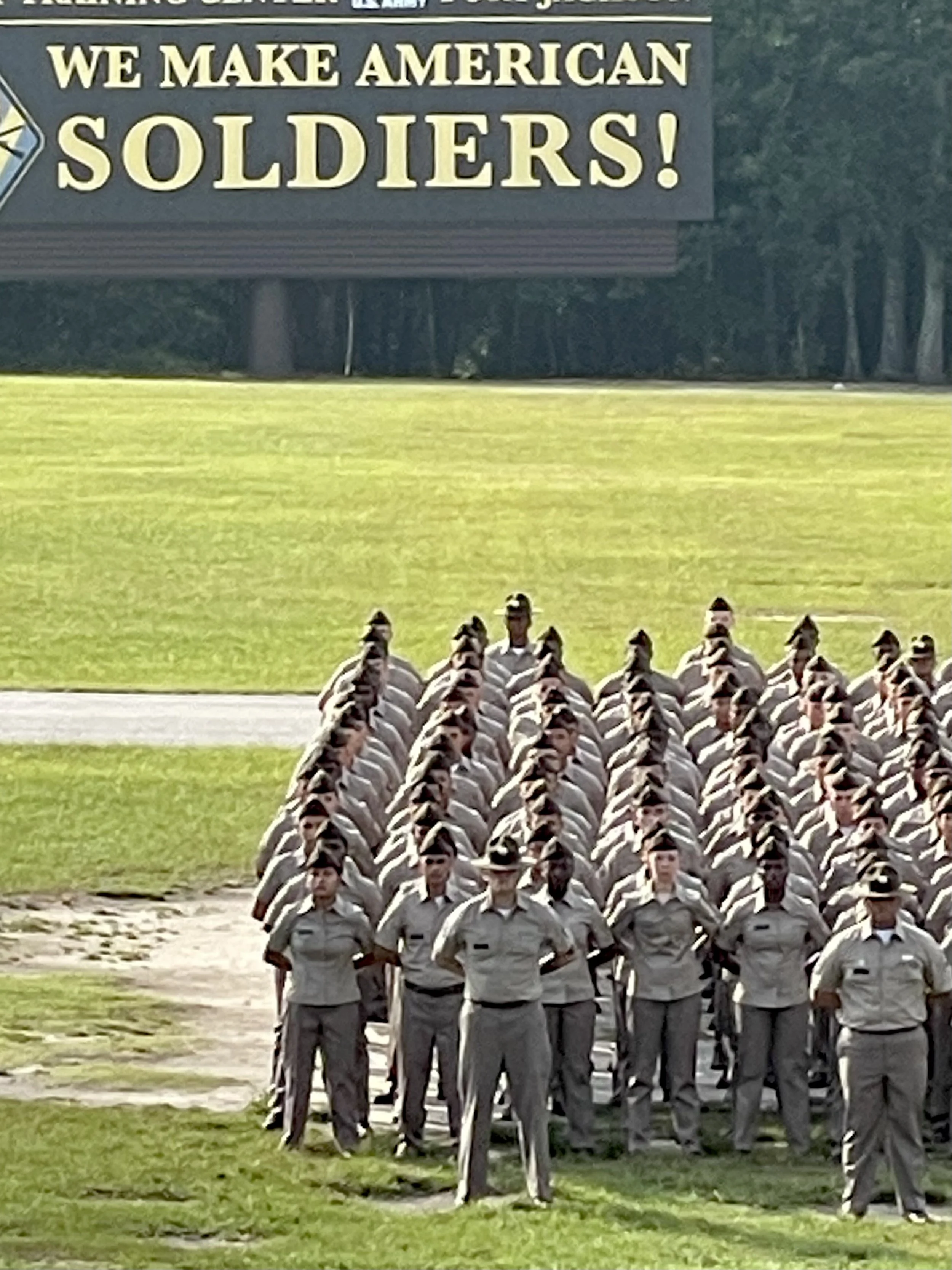Troops in formation for basic trainee graduation at Fort Jackson U.S. Army base