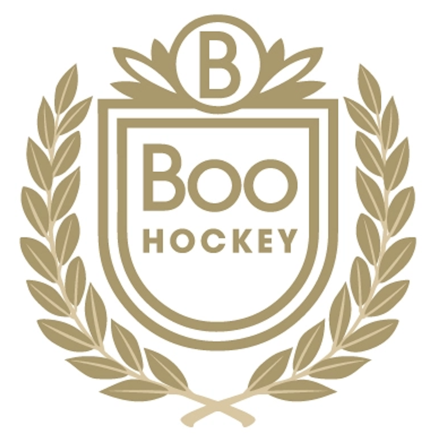 Logo med texten 'Boo Hockey' omgiven av en lagerkrans.