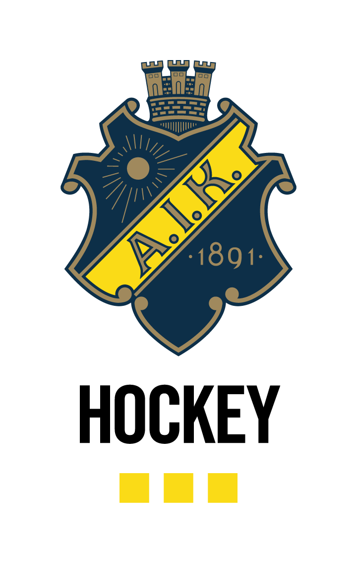 En klubbemblem med en blå och gul sköld, ett torn ovanpå, och texten 'A.I.K.' samt året 1891.