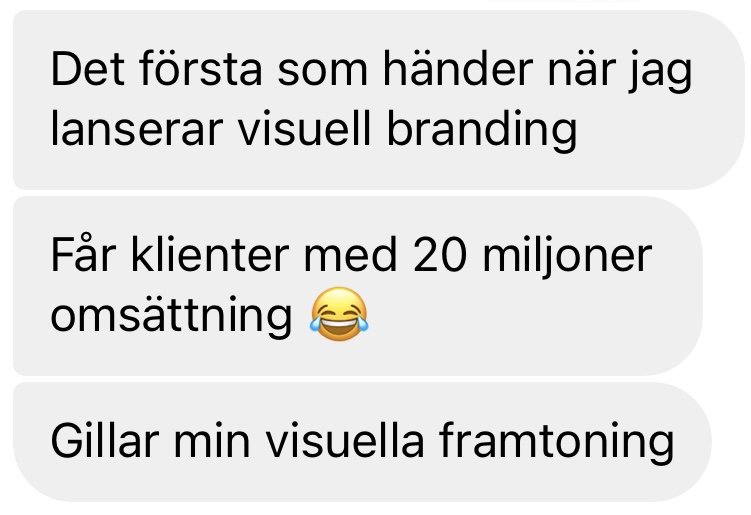 Text message conversation in Swedish discussing launching visual branding, earning 20 million in revenue, and enjoying visual presentation.