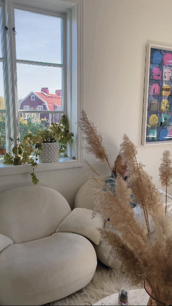 Living room with a light-colored sofa, a window with a view of houses, potted plants on the window sill, and dried pampas grass in the foreground.