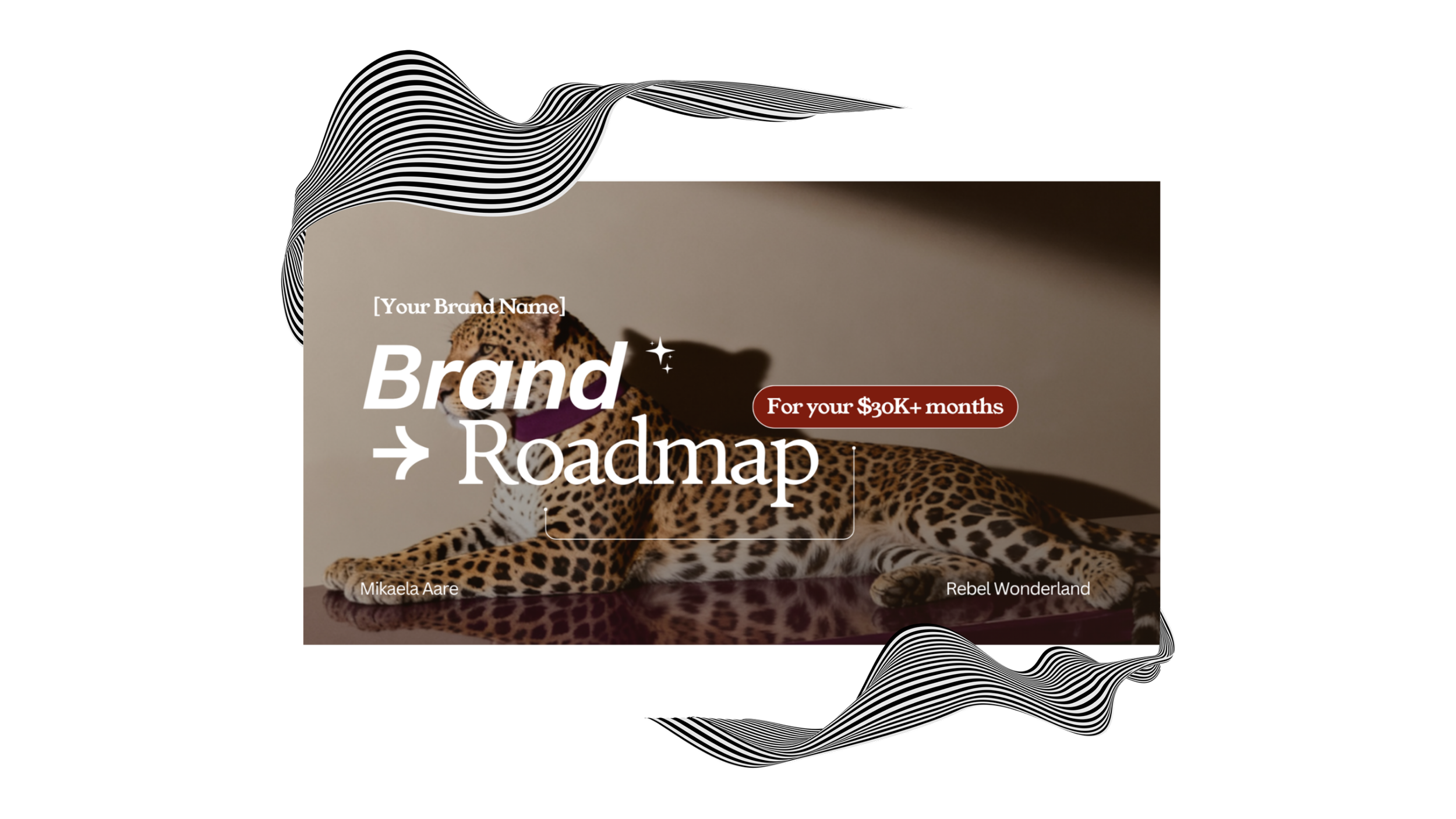 A promotional image for a brand roadmap event features a leopard lying down with its head turned to the side. The background is neutral and text overlays include 'Your Brand Name', 'Brand Roadmap', and 'For your $30K+ months'.