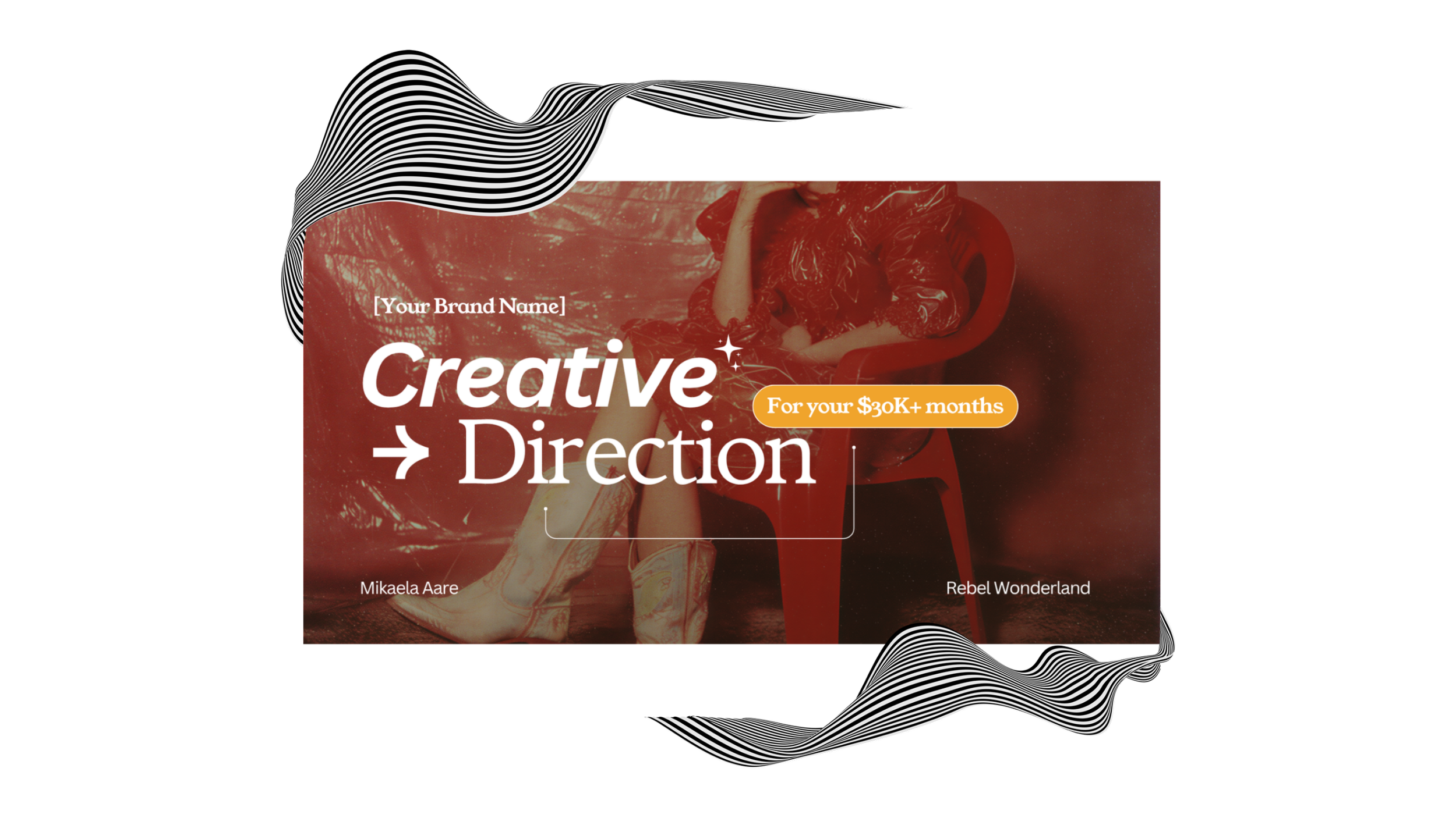 A promotional graphic featuring a woman sitting in a chair, with swirling black and white lines at the top and bottom, and text promoting a creative direction course or service.
