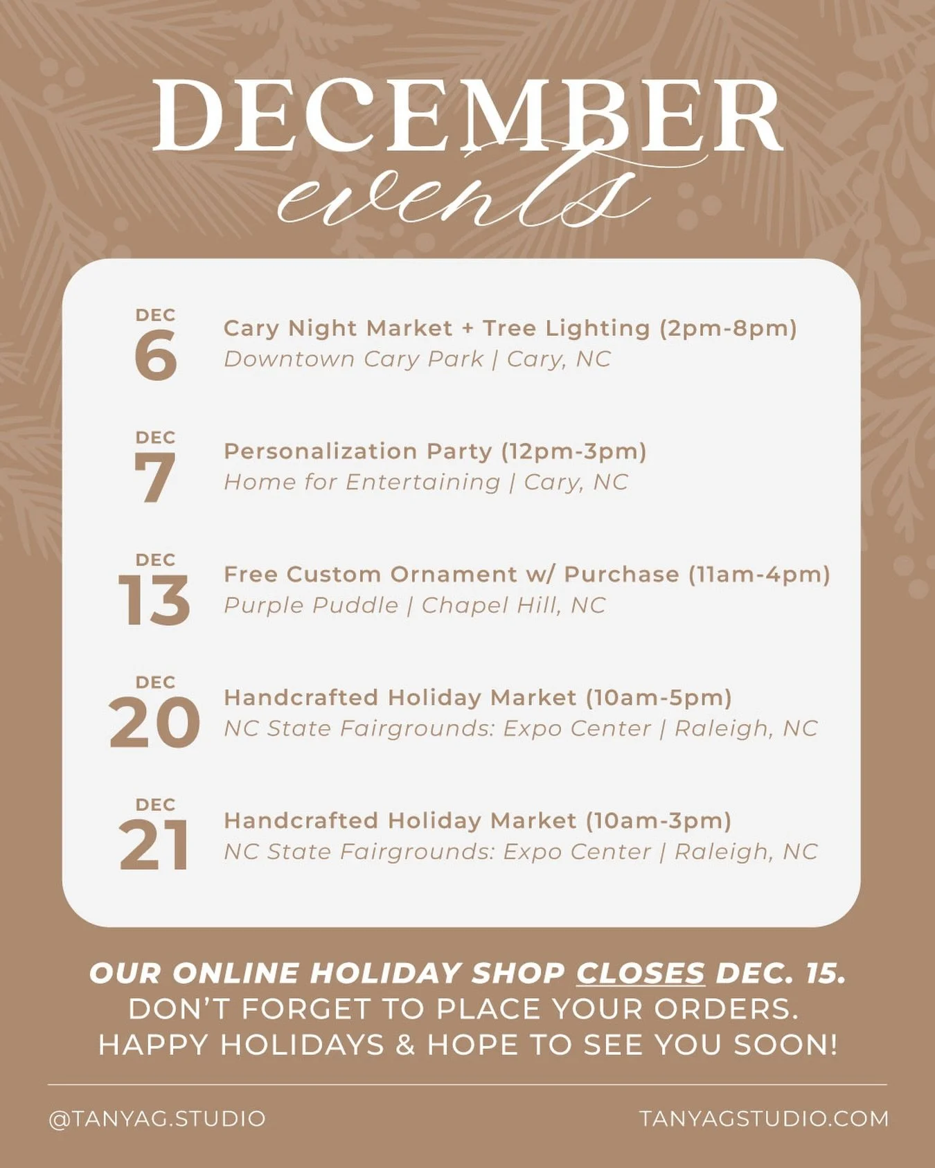 December events are in FULL swing! 🎄Come find us at a few markets in the Triangle area this season for premade ornaments and live calligraphy personalization for those last-minute gifts!

Come out and support @home.for.entertaining and @purplepuddle
