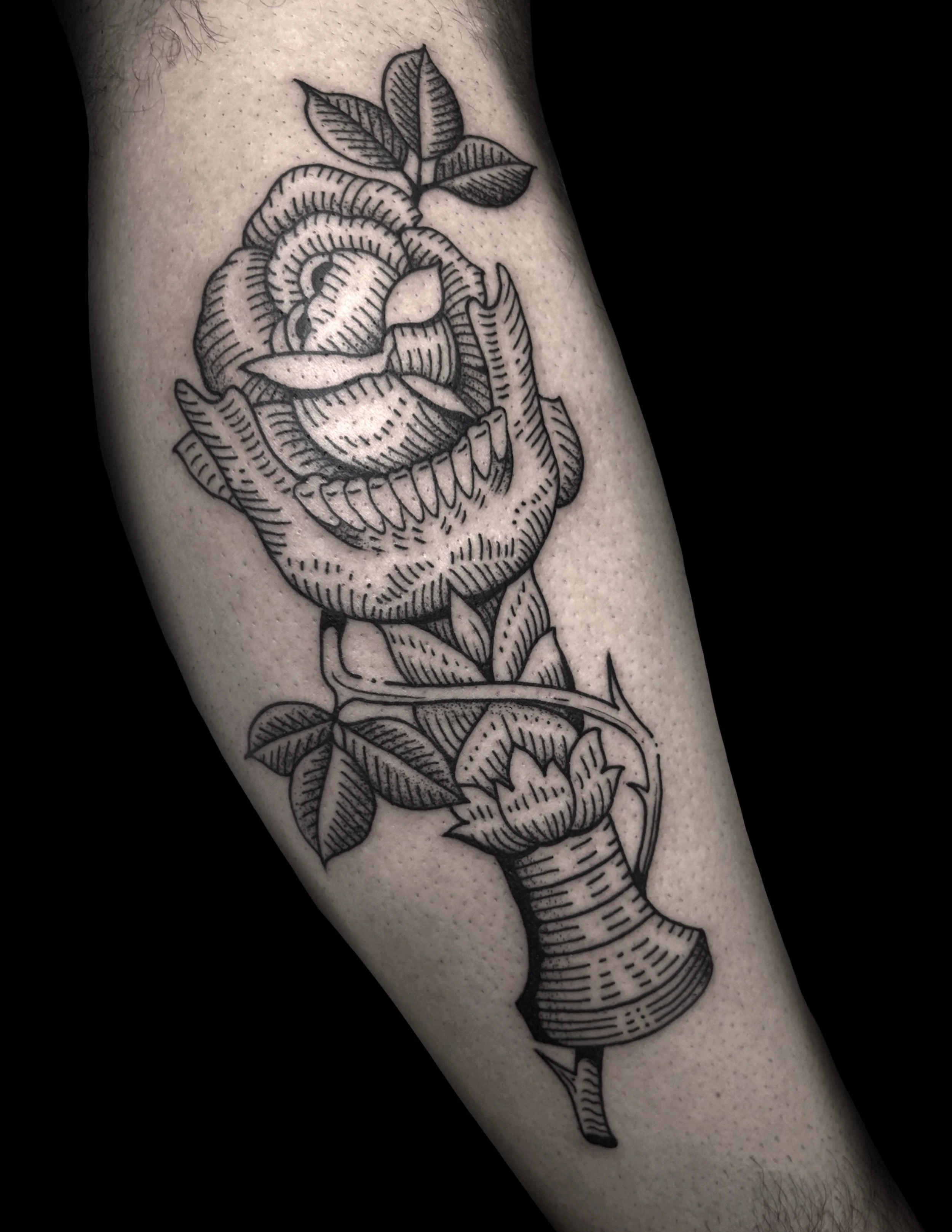 Woodcut / Etching style tattoo by Jordan Mitchell in Austin Texas