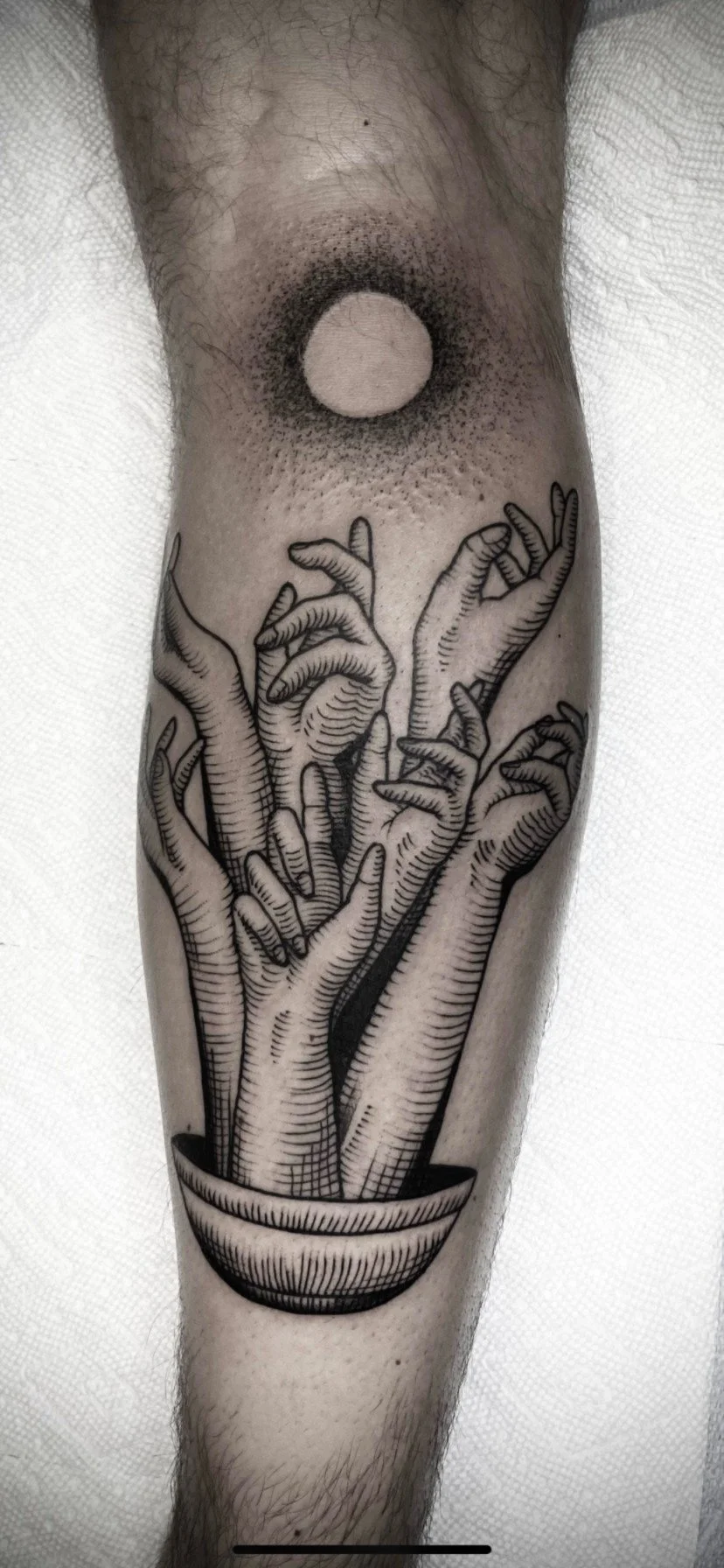 Woodcut / Etching style tattoo by Jordan Mitchell in Austin Texas