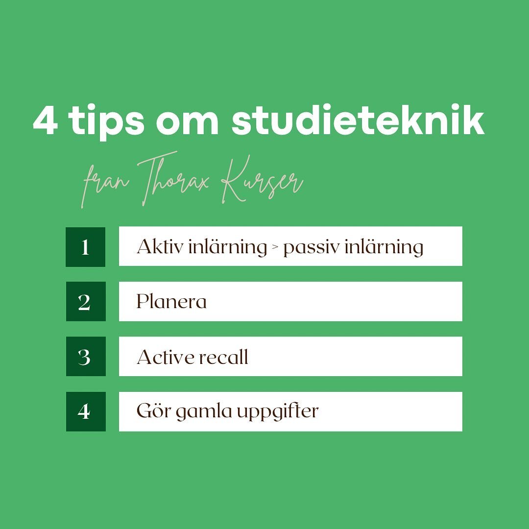 Lite s&ouml;ndagsl&auml;sning om studieteknik! 💚 Kanske n&aring;gonting du kan testa den inkommande veckan? Vill du f&aring; personligt anpassade tips kan du boka en s.k. l&auml;shj&auml;lpstid p&aring; v&aring;r hemsida, www.thoraxkurser.fi ☺️

Ha 