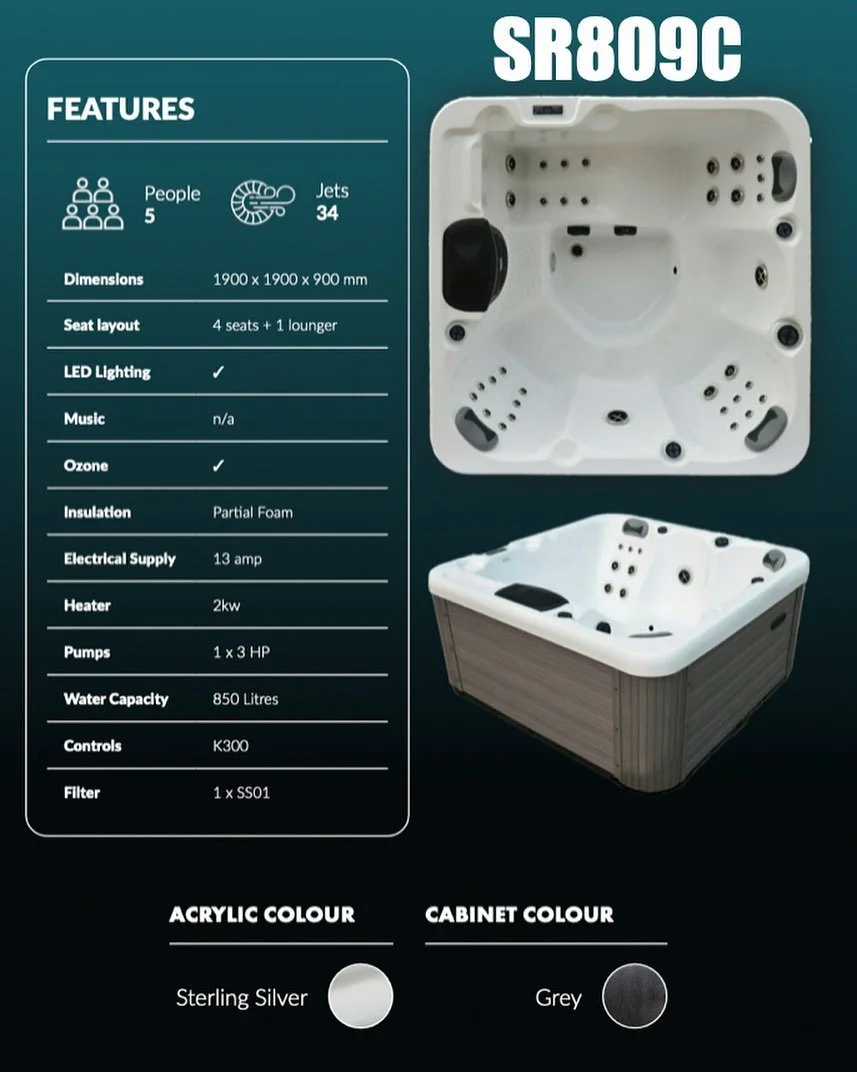 ☀️ SR809C - &pound;4,299☀️

- Plug and play 
- Seats up to 5 people 
- 4seats + 1 loungers 
- 34 jets 
- LED lighting 

For more information on this hot tub and for an installation quote please contact me via the details below. 

☎️-07443332603
📧-ma