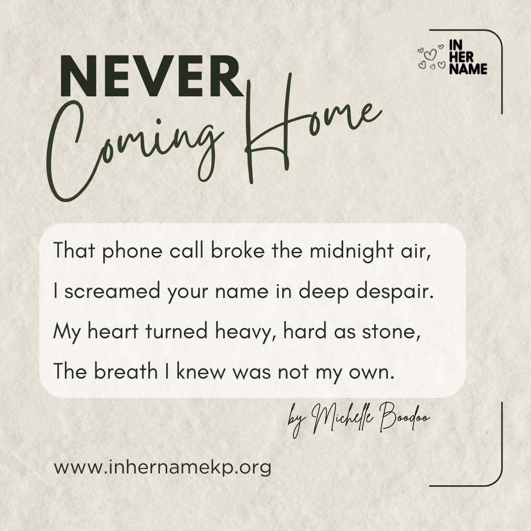 A quote about love and heartbreak, titled 'Never Coming Home,' with a website URL at the bottom and decorative hearts in the top right corner.