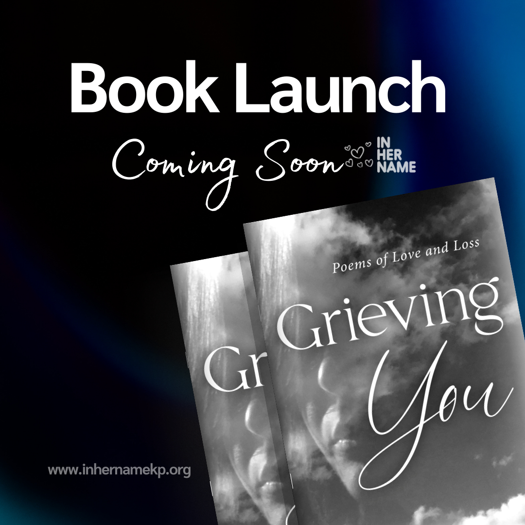 Promotional poster for a book launch titled "Grieving You" with a cover image of a poetry book about love and loss, featuring cloudy sky and woman with closed eyes in black and white.