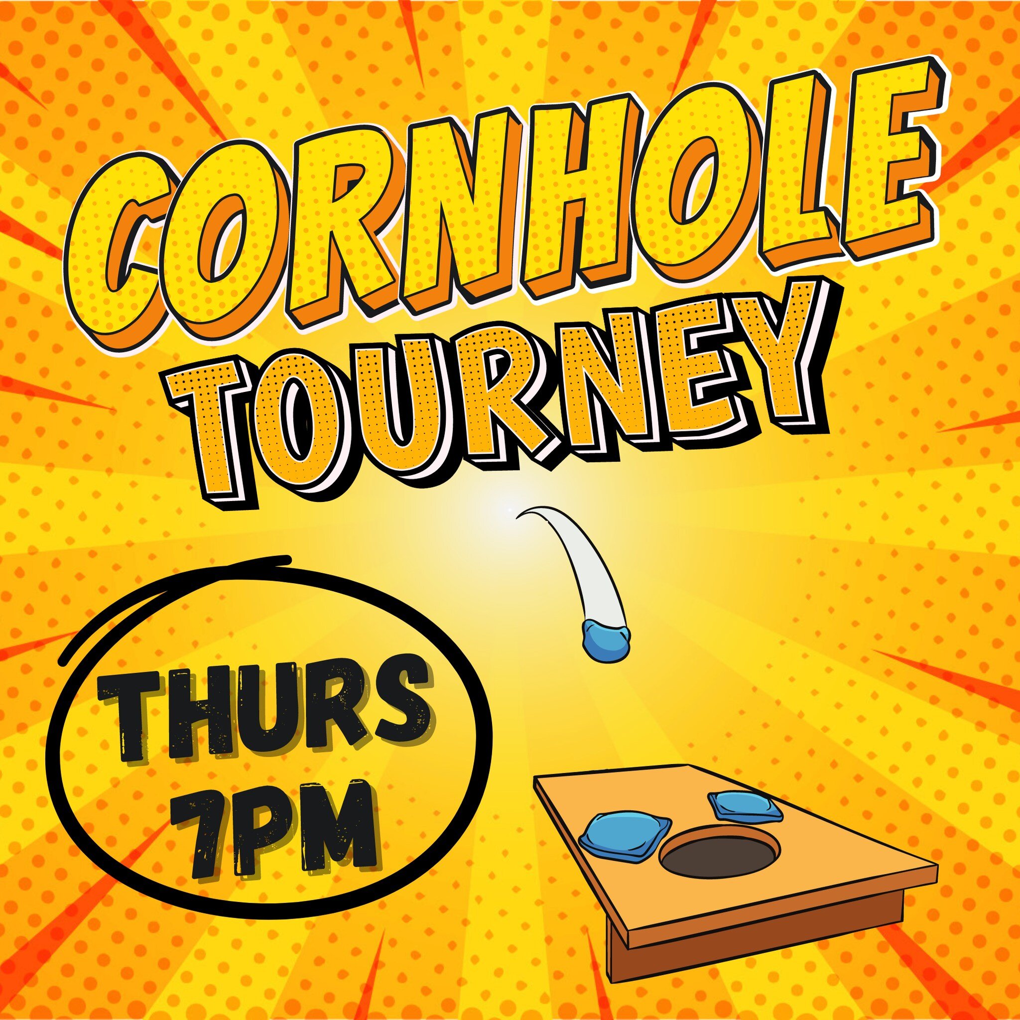 🌽🏆 Get ready to toss some bags and aim for victory! It's Cornhole Tournament Thursdays at 7pm! 🎉 Whether you come with a partner or fly solo, we've got you covered! Just show up and we'll pair you up. Entry is only $5 per person!

Here's the deal: