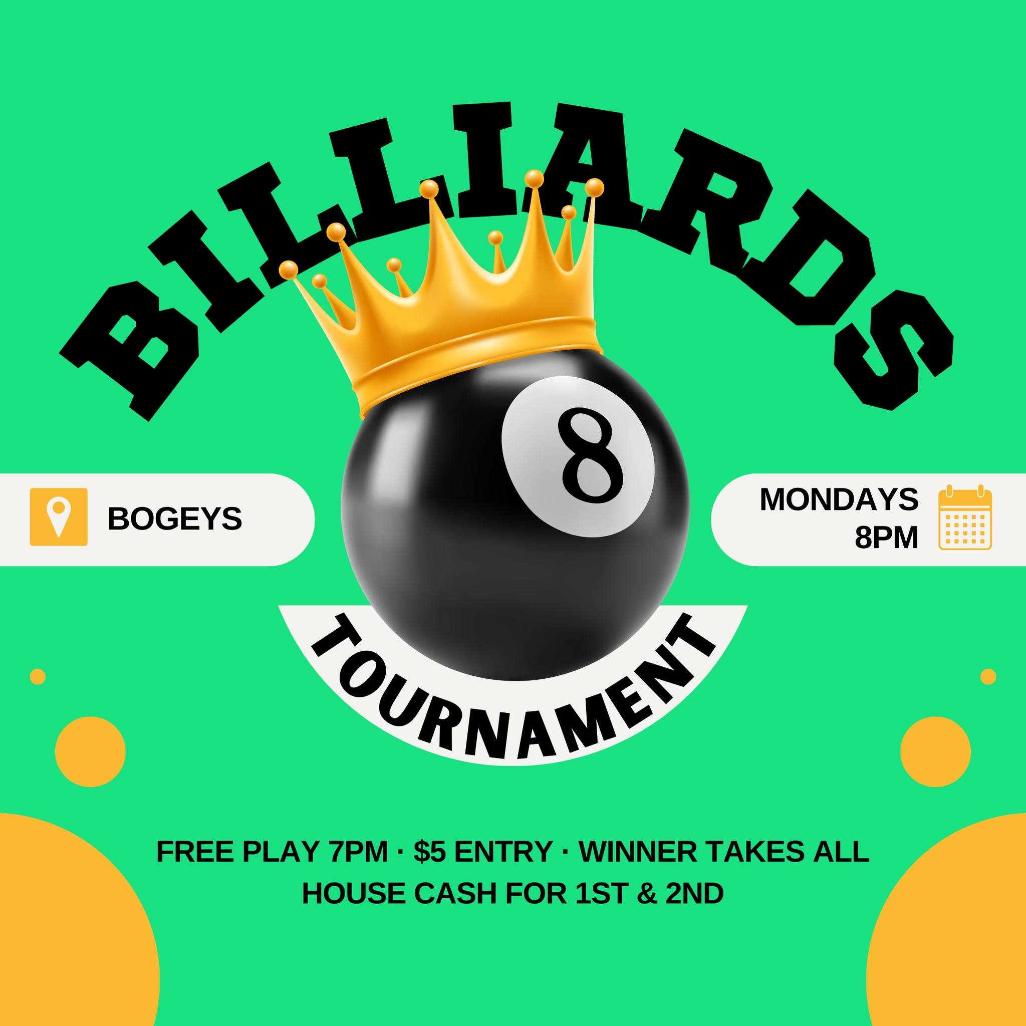 🎱 Get your game face on! Join us for our thrilling Pool Tournament this Monday at 8 pm! 💥 Only $5 entry for a chance to win big with house cash prizes for 1st &amp; 2nd place! 🏆 Don't miss out on the action! 🔥 #PoolNight #CashPrizes #MondayMadnes